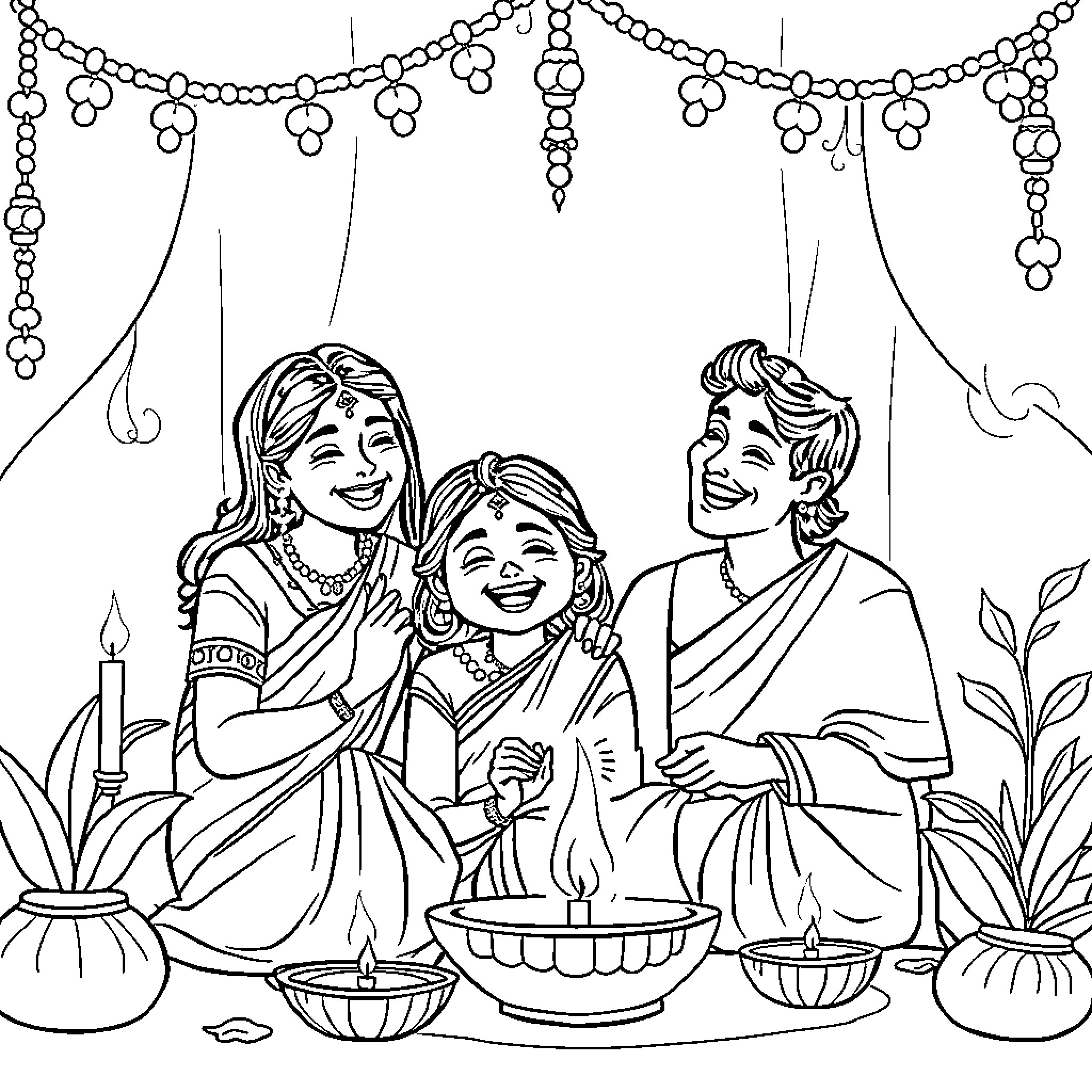 Family Celebrating with Traditional Attire and Decorations Coloring Page (free black-and-white line drawing printable PDF for all, from beginners to advanced learners, including children, teens, adults, and seniors)