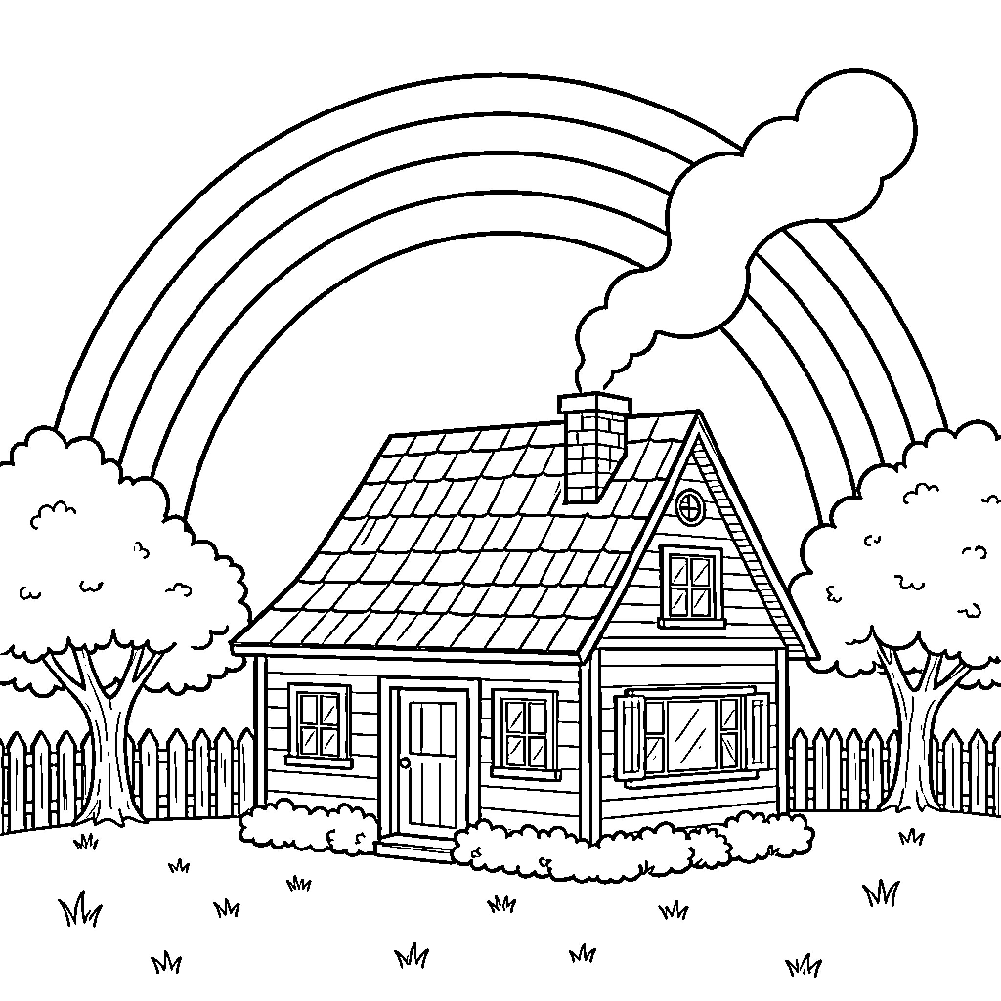 Rainbow arching over a cozy cottage in a garden Coloring Page (free black-and-white line drawing printable PDF for all, from beginners to advanced learners, including children, teens, adults, and seniors)