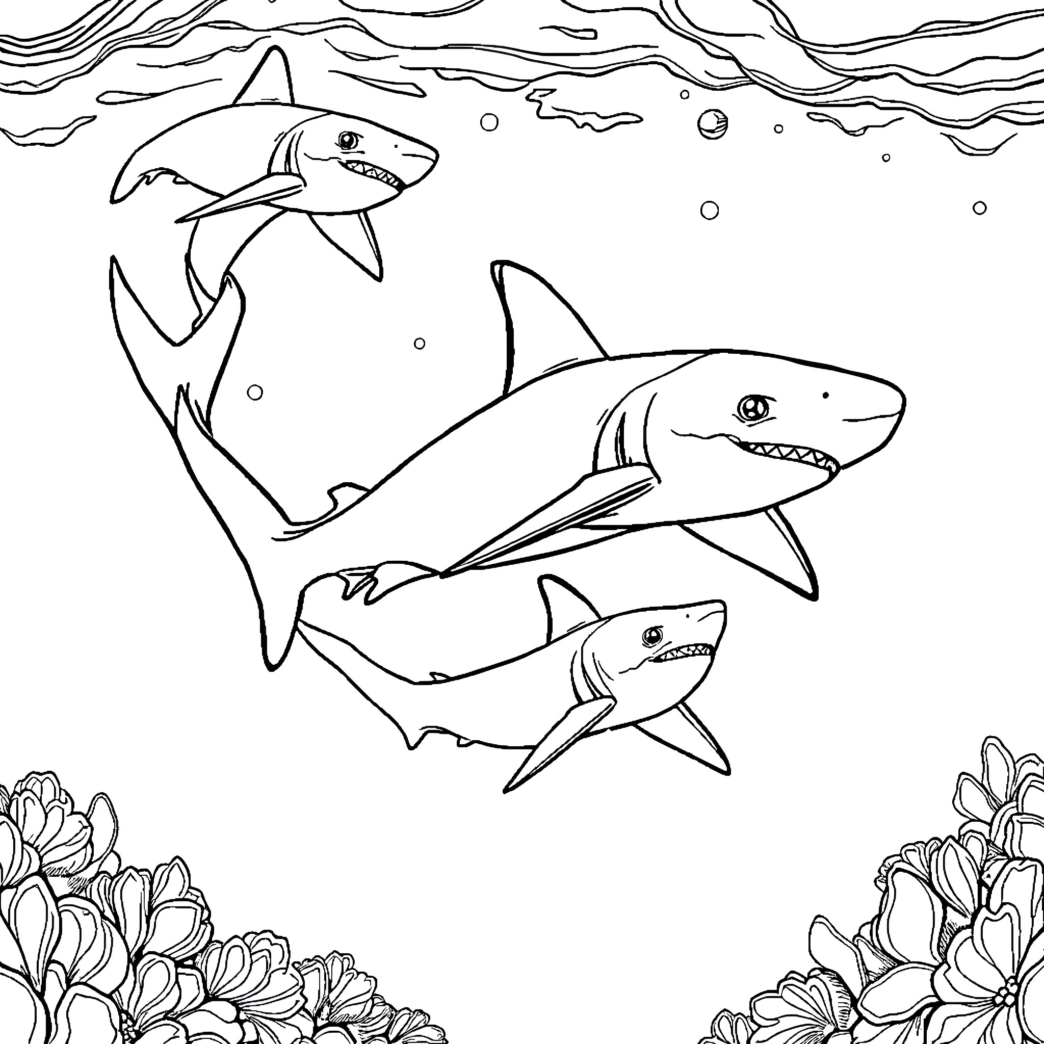 Shark family swimming in the ocean Coloring Page (free black-and-white line drawing printable PDF for all, from beginners to advanced learners, including children, teens, adults, and seniors)