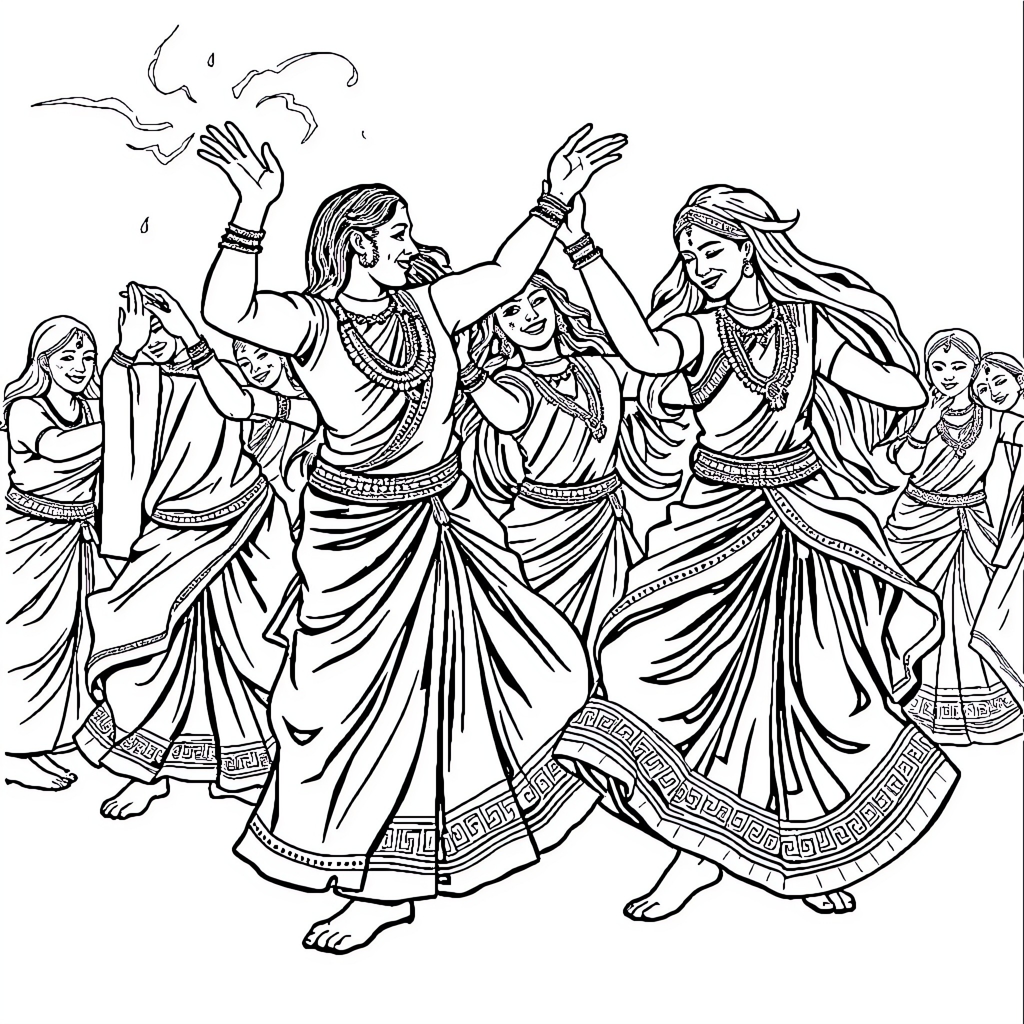Chakara: Vibrant Dance of Celebration Coloring Page (free black-and-white line drawing printable PDF for all, from beginners to advanced learners, including children, teens, adults, and seniors)