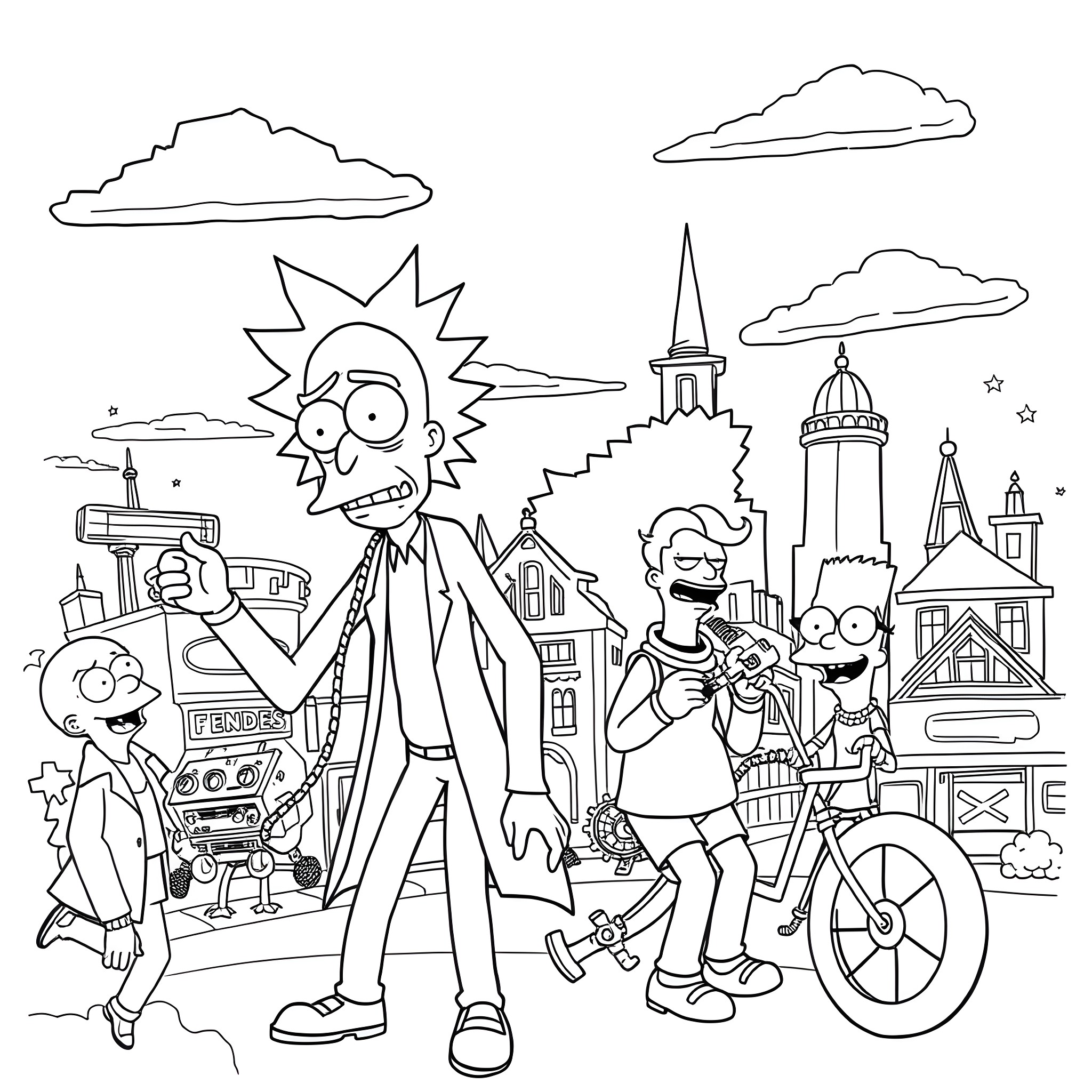 Rick And Morty exploring the crazy animated town Coloring Page (free black-and-white line drawing printable PDF for all, from beginners to advanced learners, including children, teens, adults, and seniors)