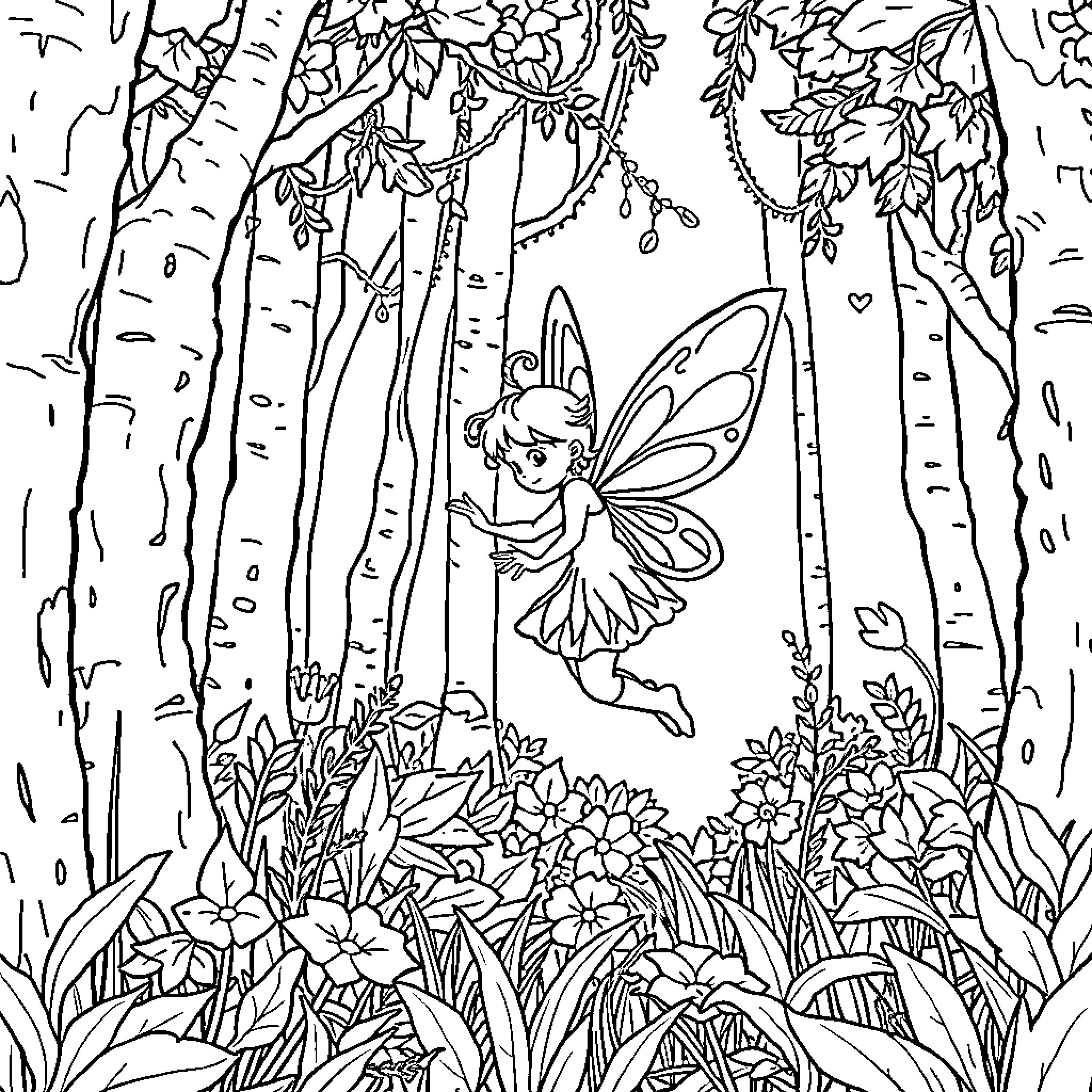 Fairy flying amidst enchanting woodland scene Coloring Page (free black-and-white line drawing printable PDF for all, from beginners to advanced learners, including children, teens, adults, and seniors)