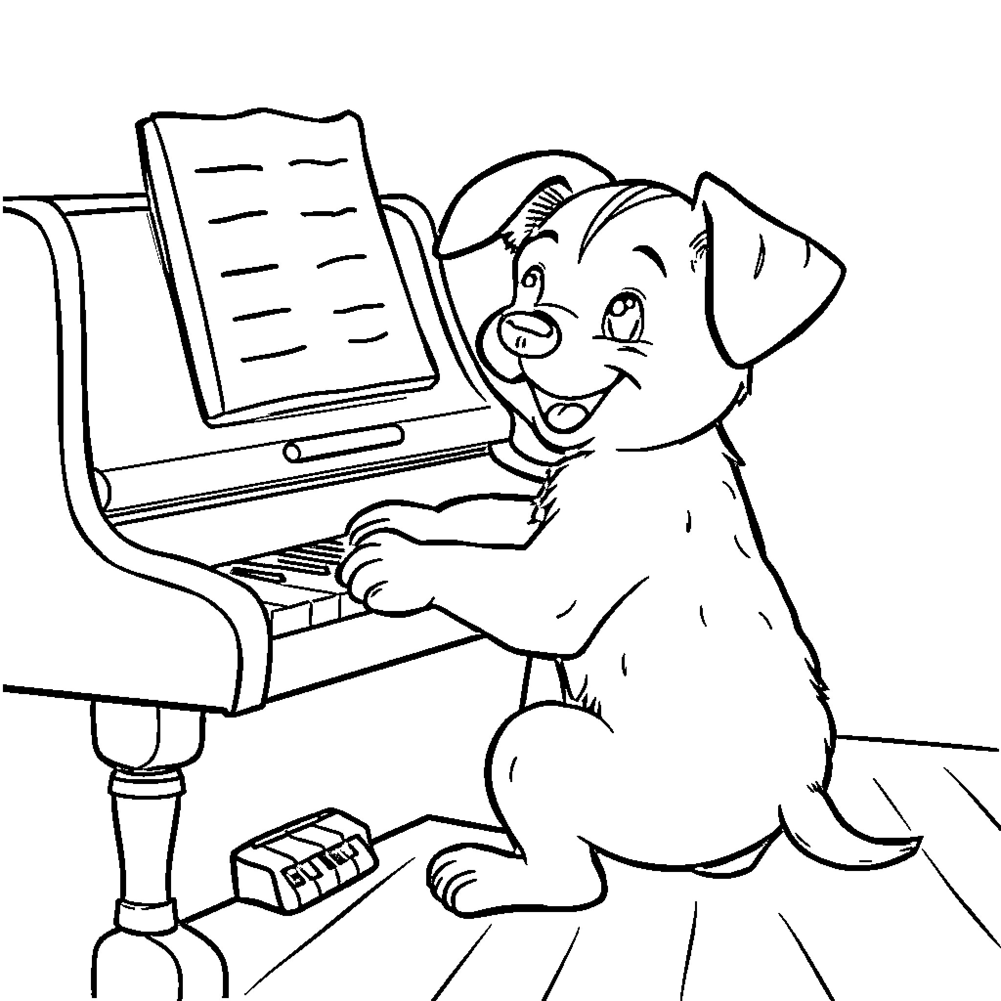 Perrito playing with computer Coloring Page (free black-and-white line drawing printable PDF for all, from beginners to advanced learners, including children, teens, adults, and seniors)