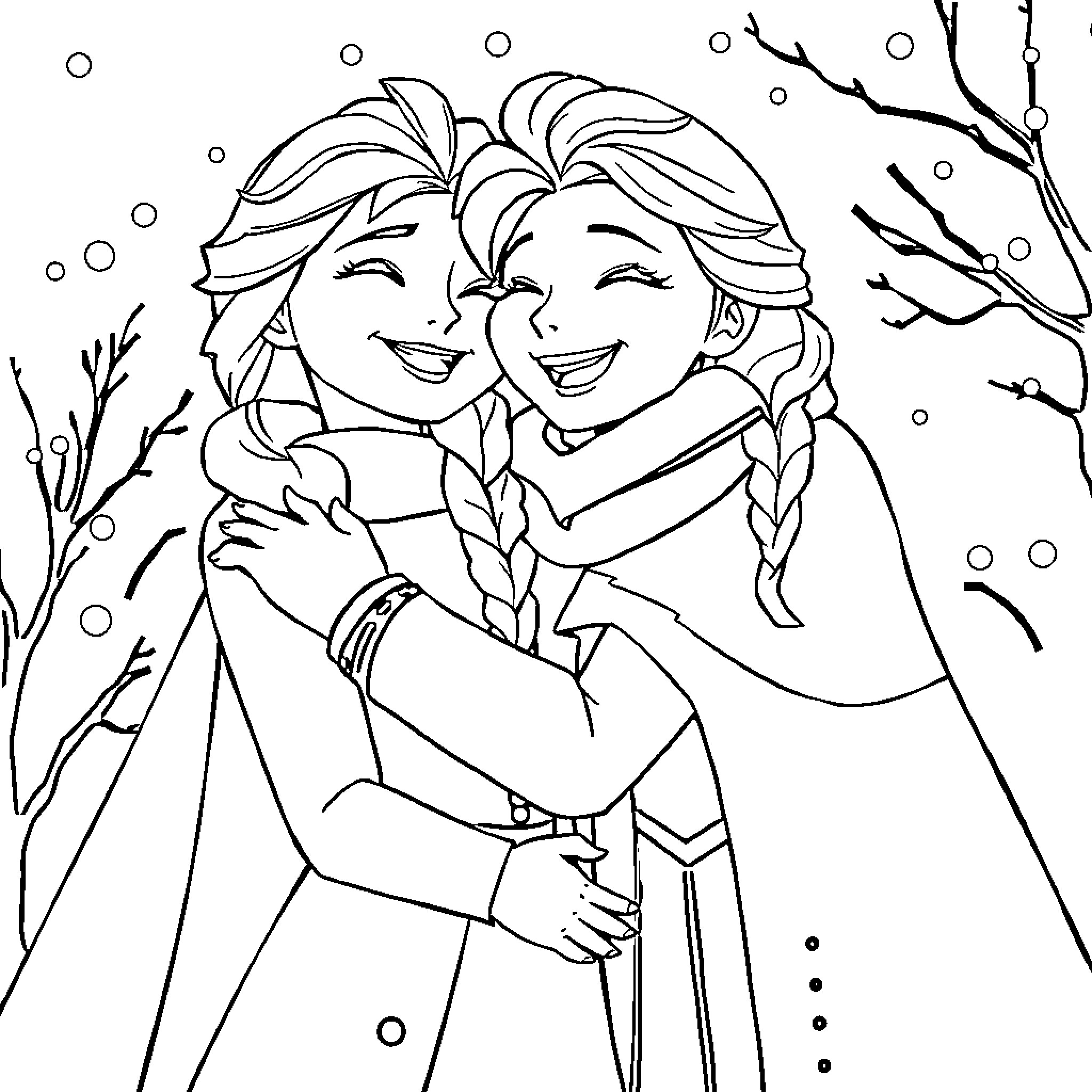 Elsa and Anna sharing a warm embrace in the winter Coloring Page (free black-and-white line drawing printable PDF for all, from beginners to advanced learners, including children, teens, adults, and seniors)