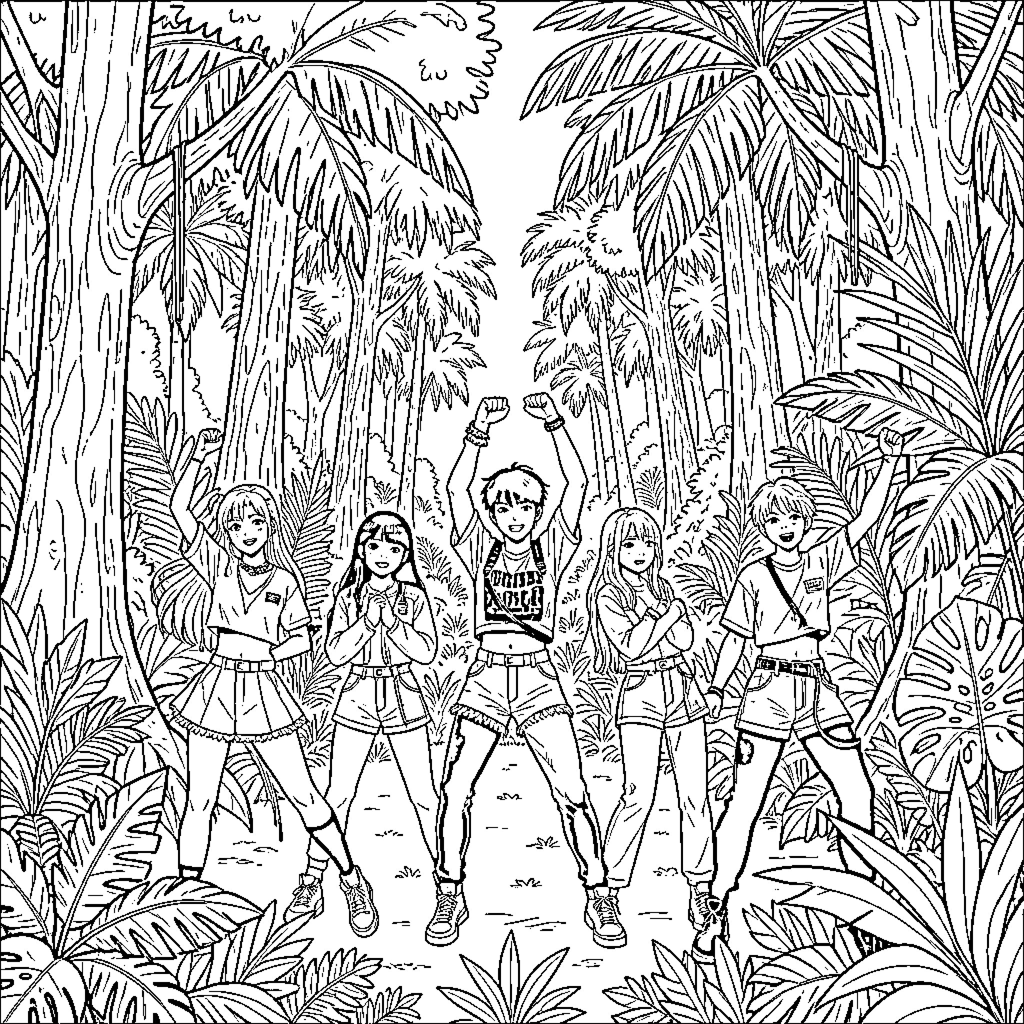 Kpop idols dancing energetically in a tropical jungle Coloring Page (free black-and-white line drawing printable PDF for all, from beginners to advanced learners, including children, teens, adults, and seniors)