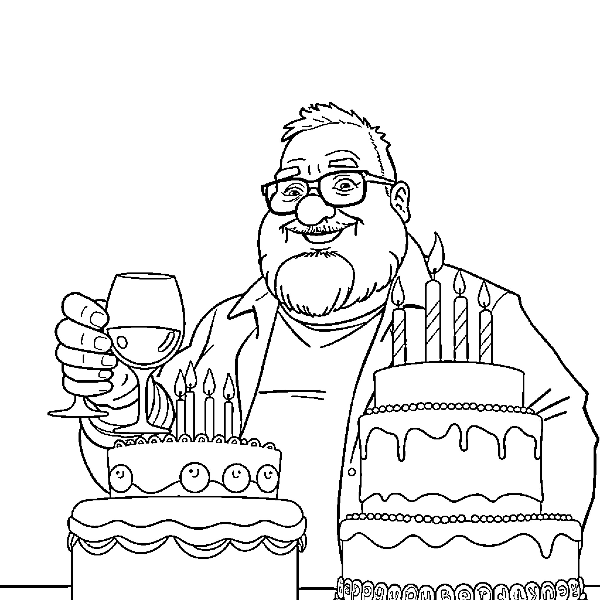 Man celebrating birthday with cake and wine Coloring Page (free black-and-white line drawing printable PDF for all, from beginners to advanced learners, including children, teens, adults, and seniors)
