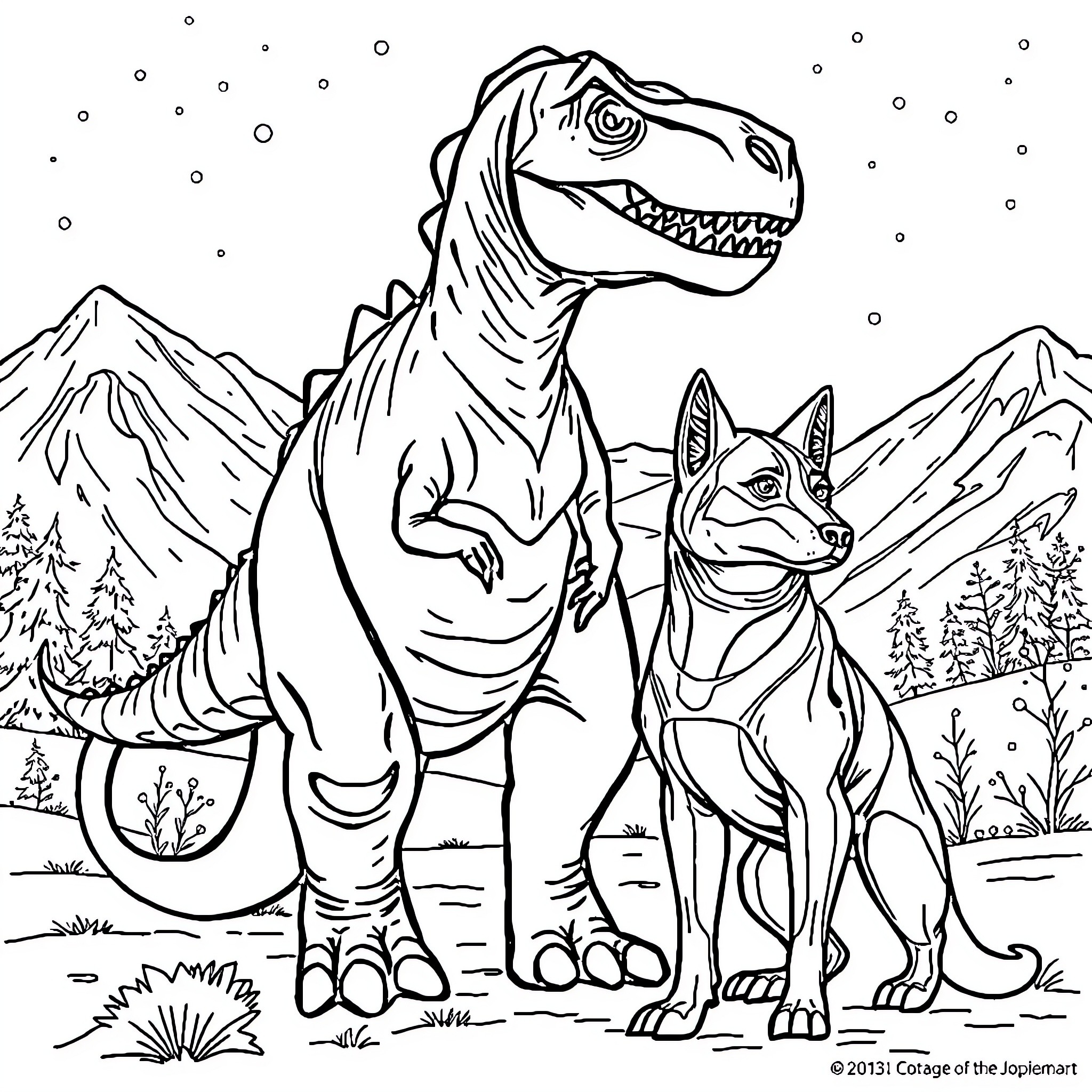 Dinosaur and wolf friends in the snowy mountain landscape Coloring Page (free black-and-white line drawing printable PDF for all, from beginners to advanced learners, including children, teens, adults, and seniors)