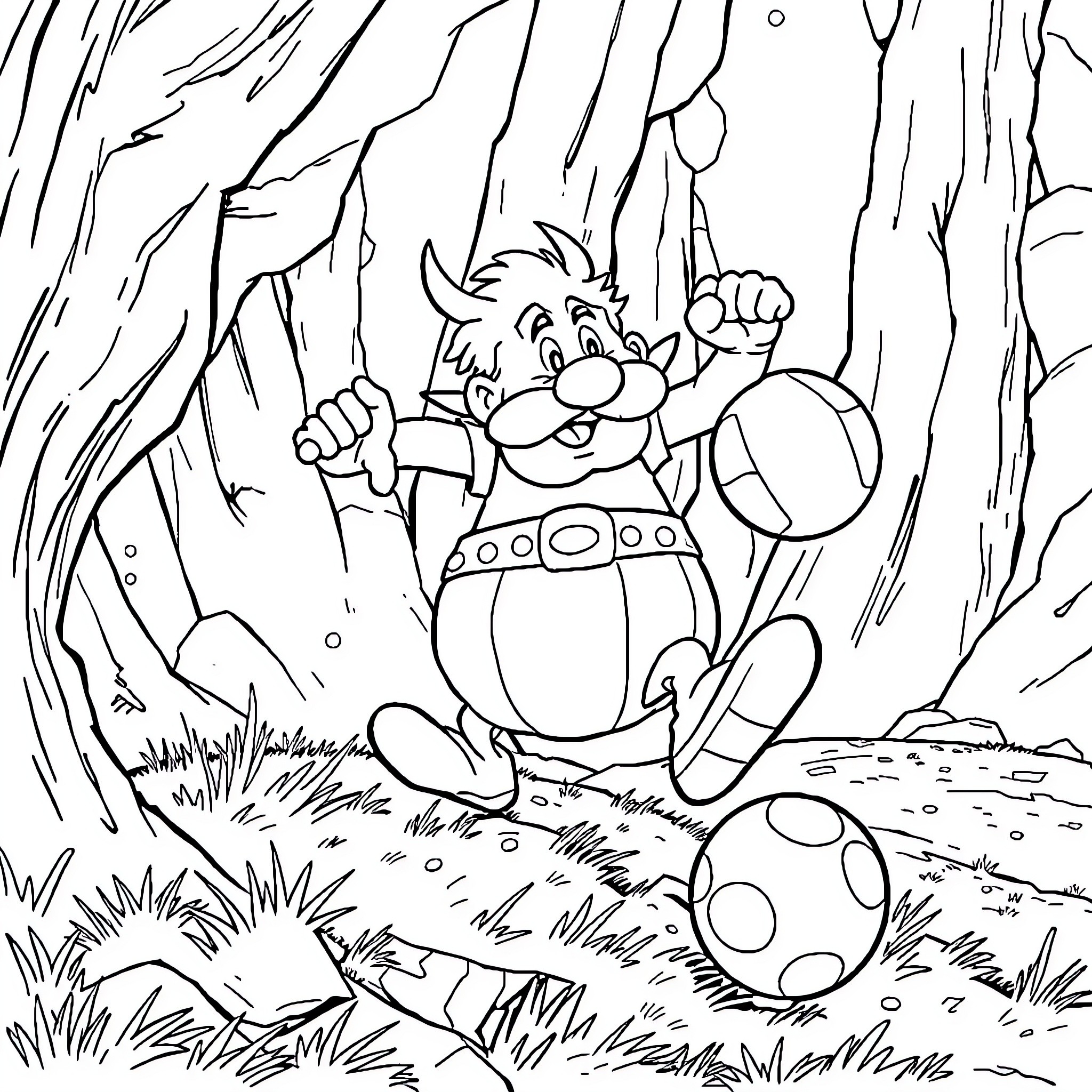 Asterix's Amusing Adventure in the Forest Coloring Page (free black-and-white line drawing printable PDF for all, from beginners to advanced learners, including children, teens, adults, and seniors)