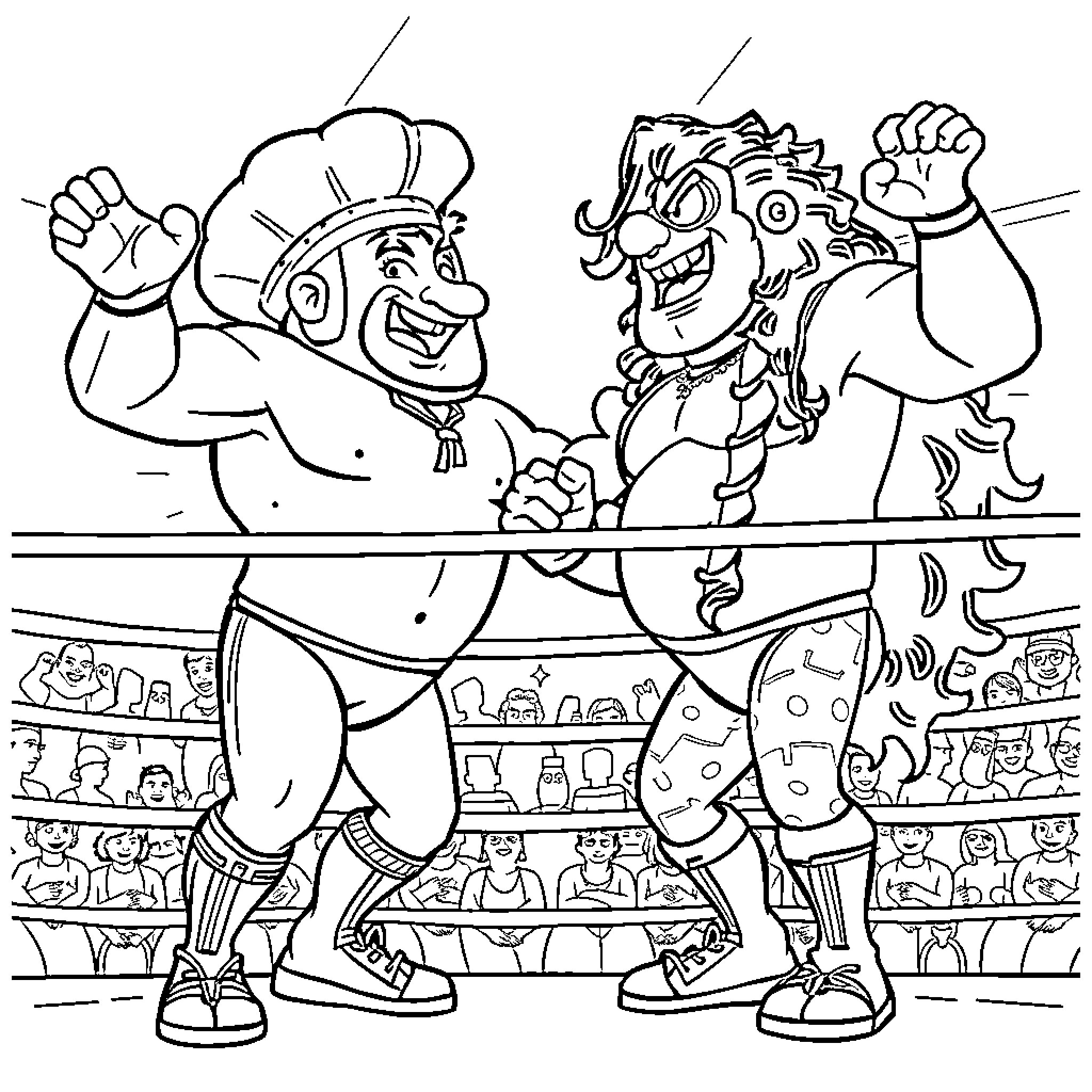 Nacho wrestling characters facing off in a ring Coloring Page (free black-and-white line drawing printable PDF for all, from beginners to advanced learners, including children, teens, adults, and seniors)