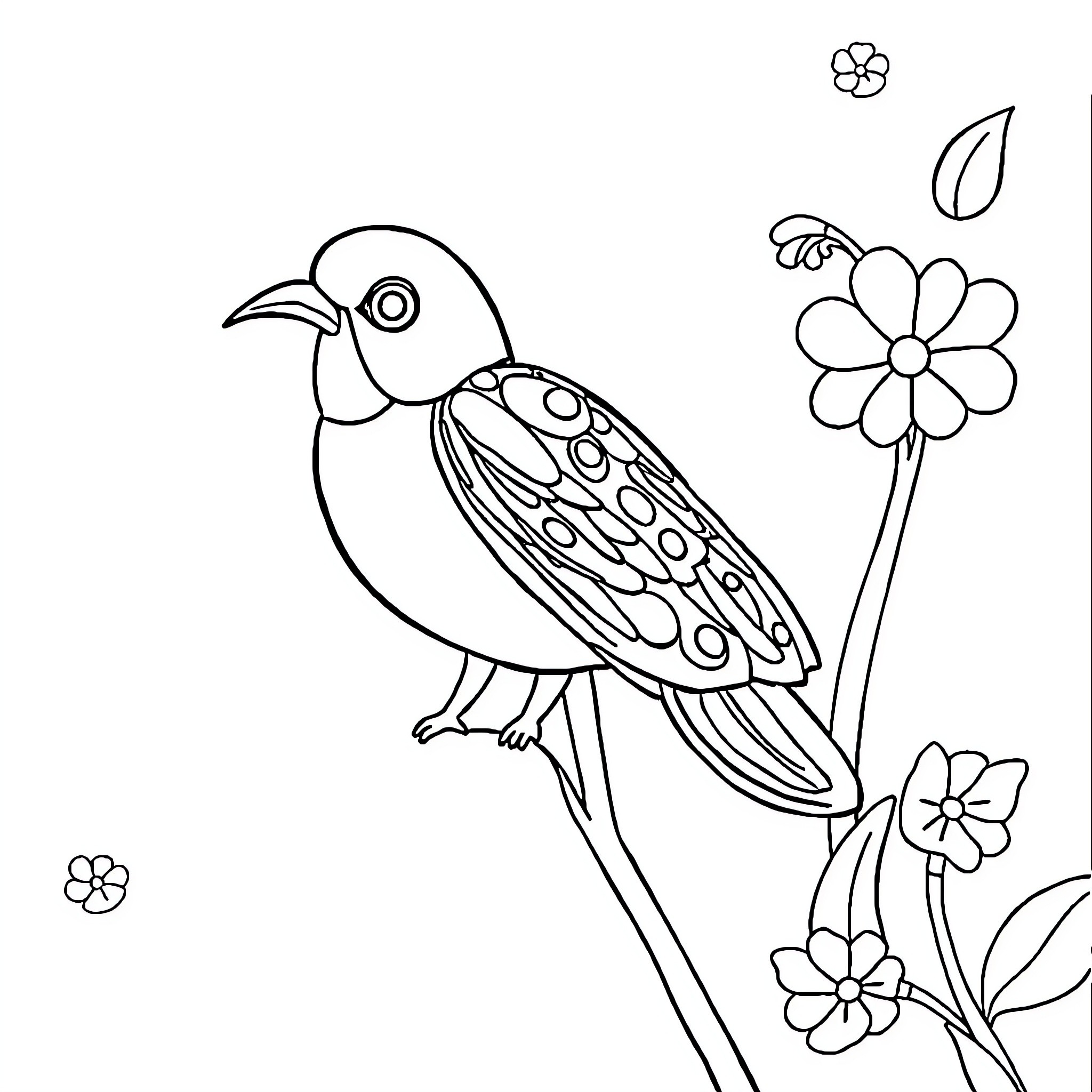 Daisy perched on flower stem with colorful feathers Coloring Page (free black-and-white line drawing printable PDF for all, from beginners to advanced learners, including children, teens, adults, and seniors)