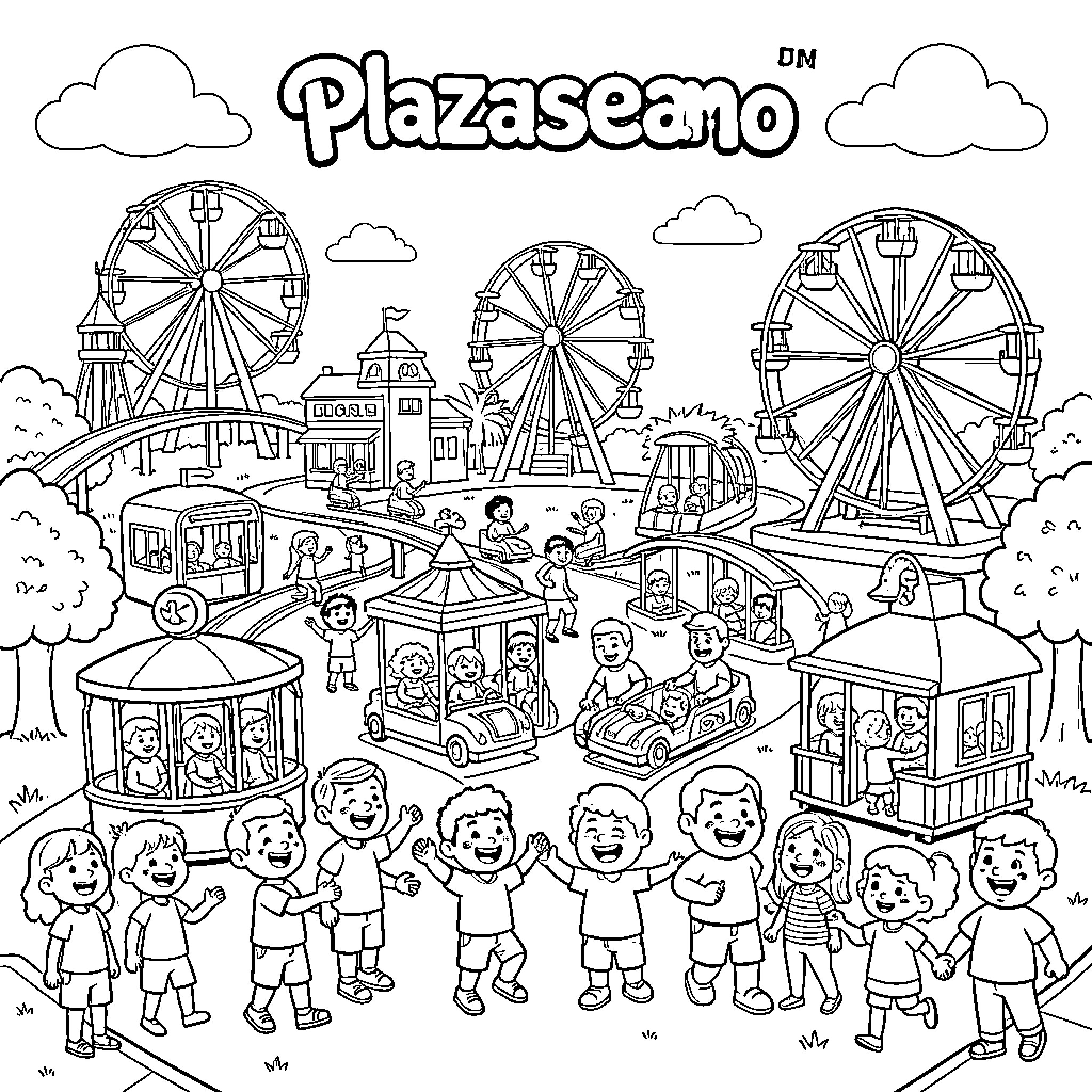 Plazasesamo: A Lively Scene of People Enjoying the Amusement Park Coloring Page (free black-and-white line drawing printable PDF for all, from beginners to advanced learners, including children, teens, adults, and seniors)