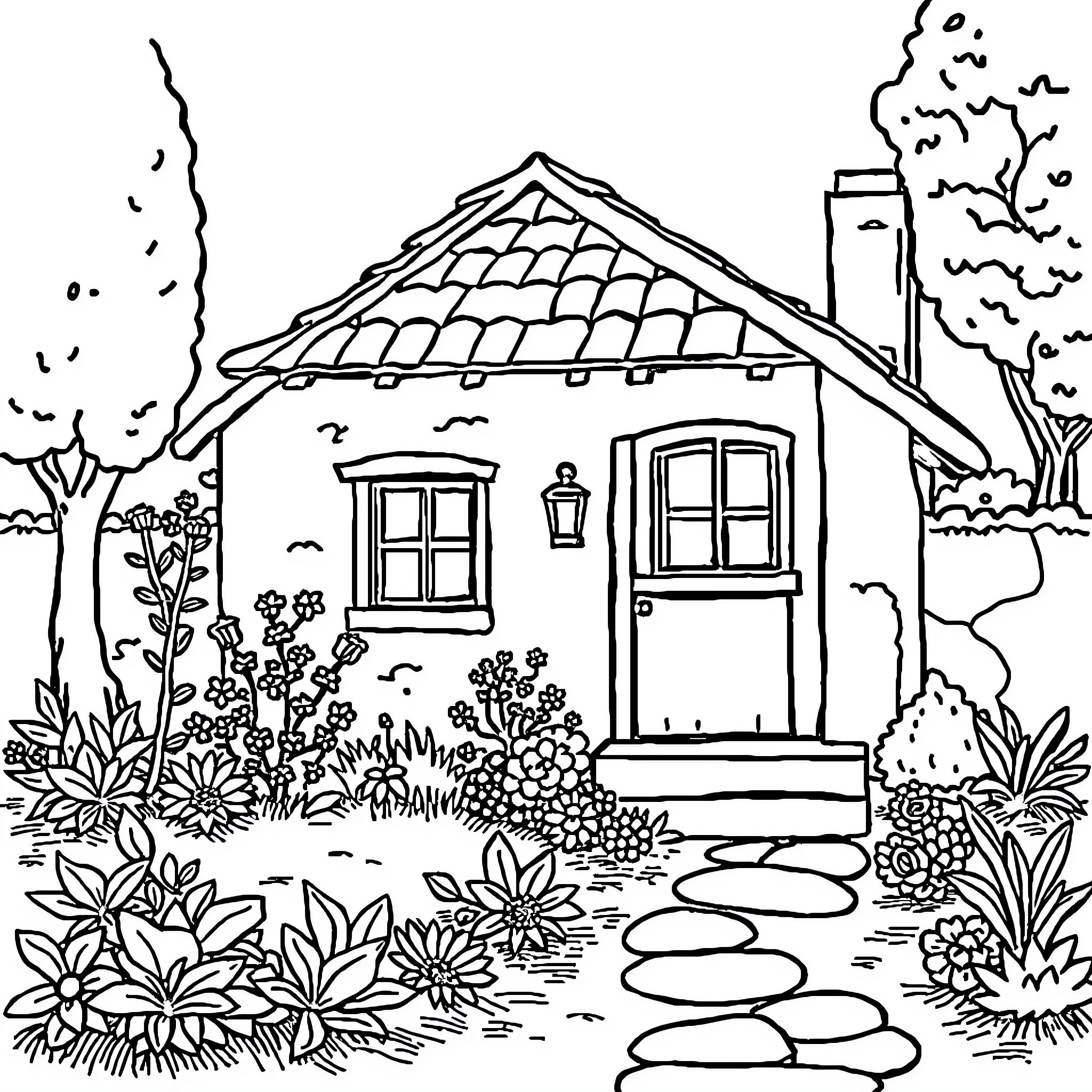 House with a cozy garden and flower beds Coloring Page (free black-and-white line drawing printable PDF for all, from beginners to advanced learners, including children, teens, adults, and seniors)