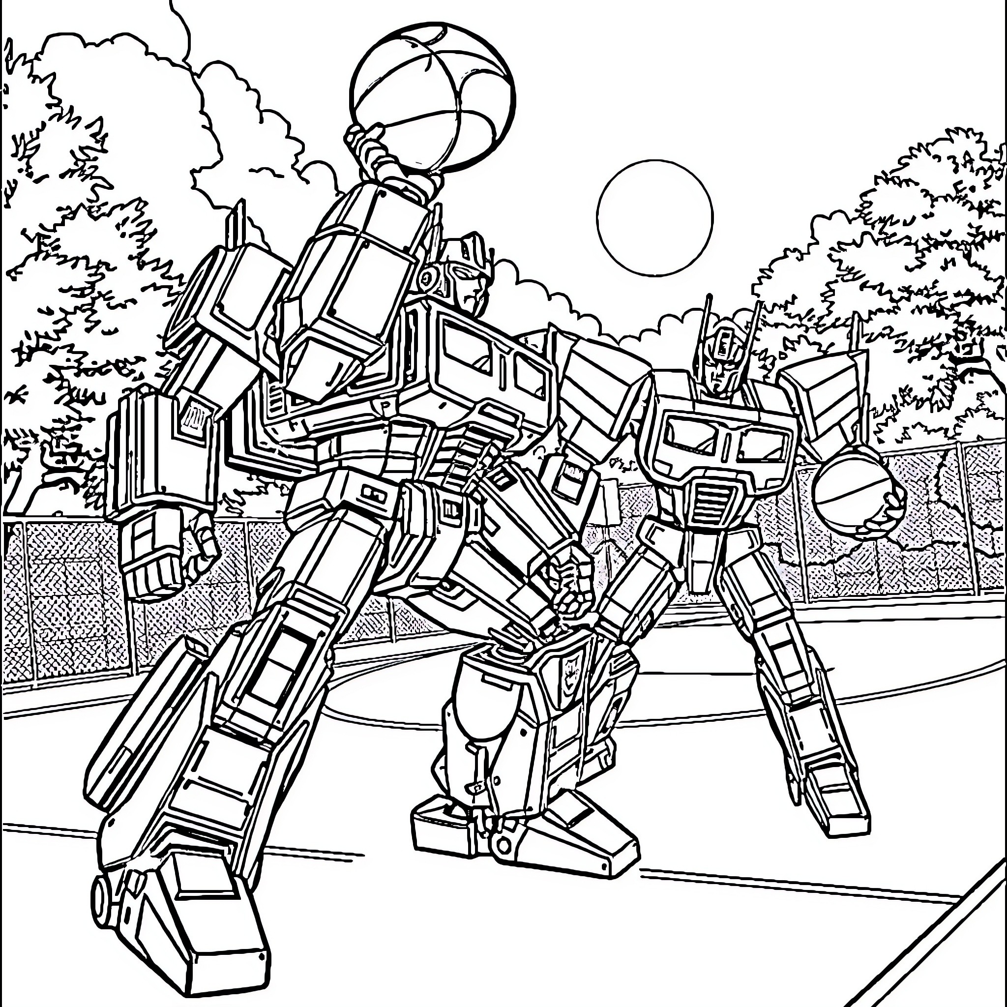 Transformer robot standing in urban landscape Coloring Page (free black-and-white line drawing printable PDF for all, from beginners to advanced learners, including children, teens, adults, and seniors)