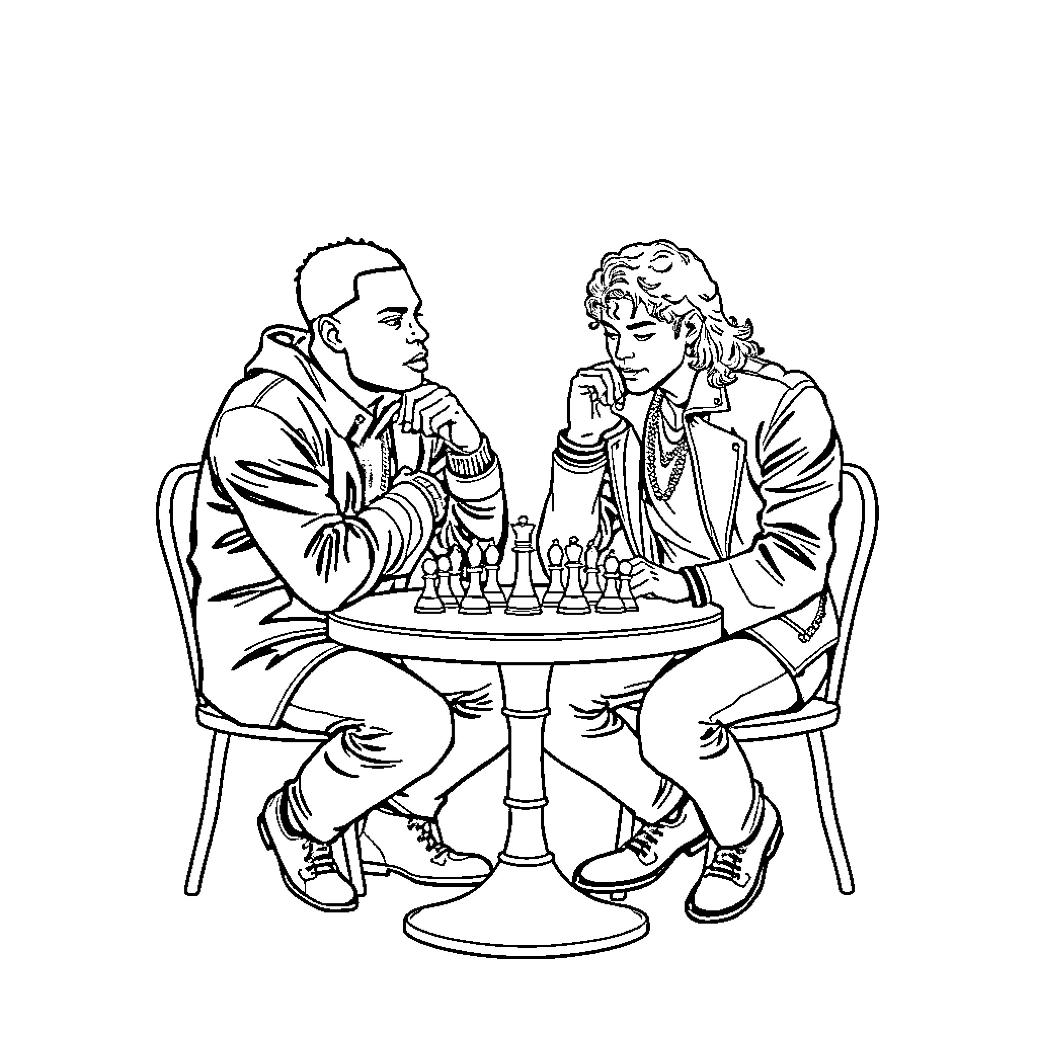 Chris Brown and Friend Engage in Chess Match Coloring Page (free black-and-white line drawing printable PDF for all, from beginners to advanced learners, including children, teens, adults, and seniors)