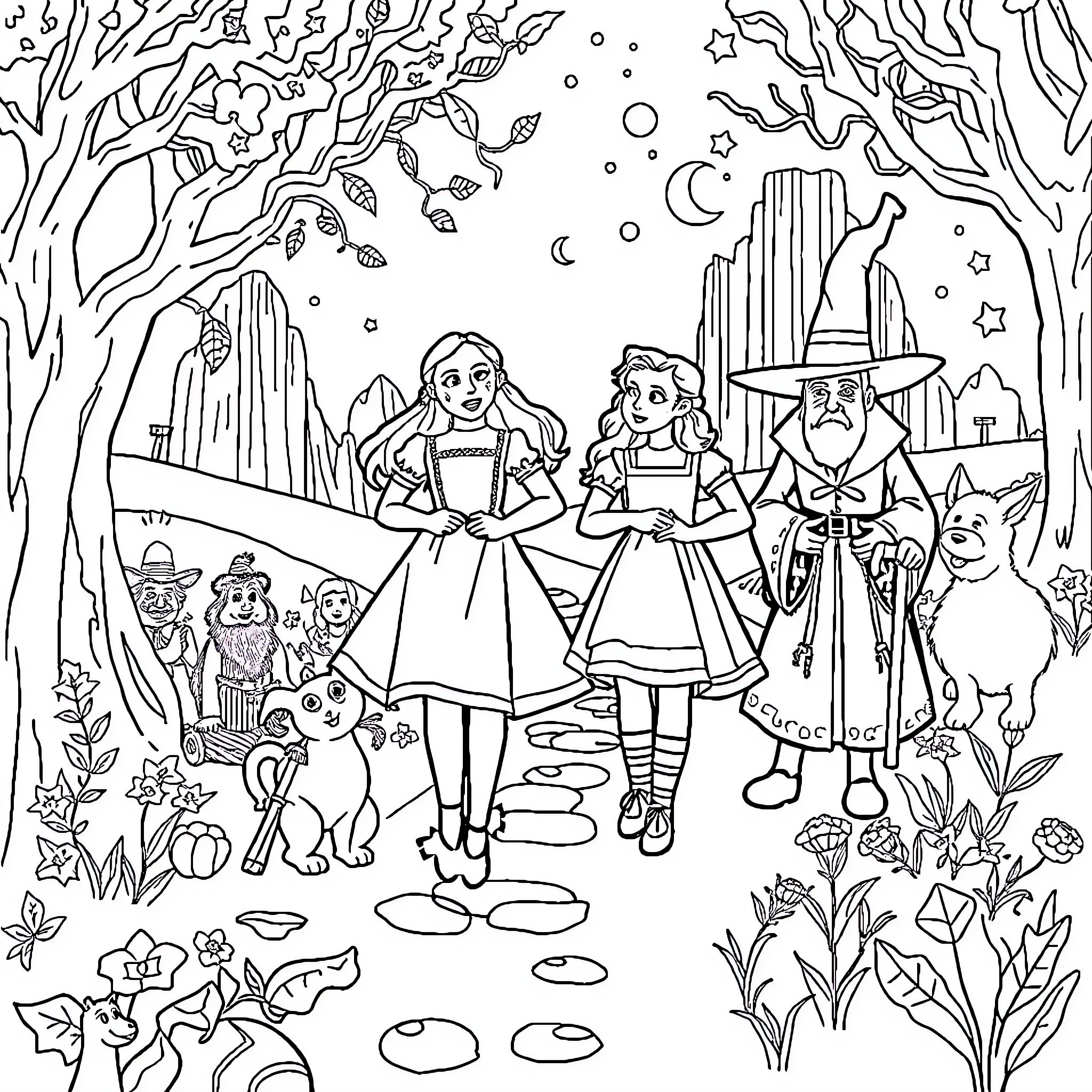 Wizard and children exploring enchanted forest Coloring Page (free black-and-white line drawing printable PDF for all, from beginners to advanced learners, including children, teens, adults, and seniors)