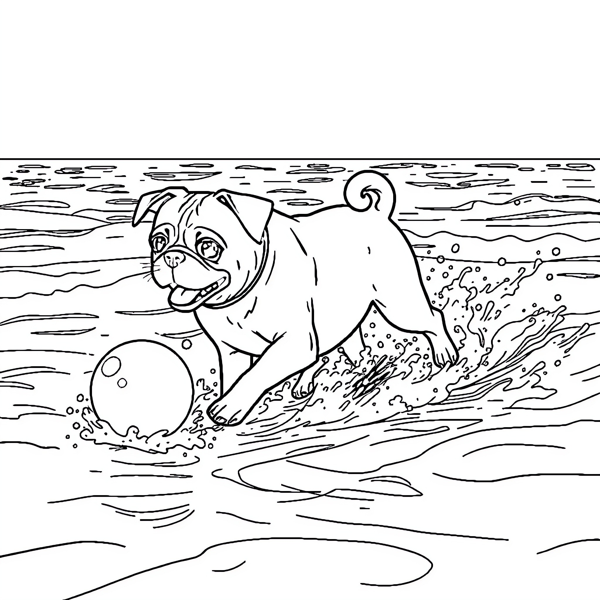 Pug playing joyfully with beach ball in waves Coloring Page (free black-and-white line drawing printable PDF for all, from beginners to advanced learners, including children, teens, adults, and seniors)