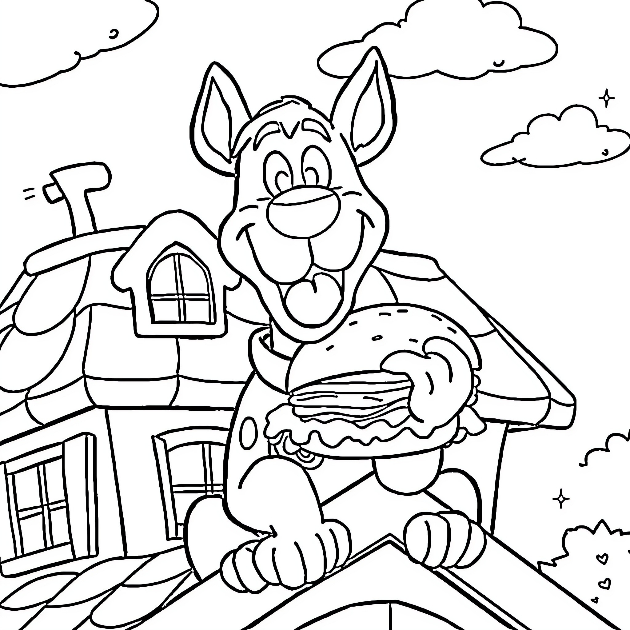 Scooby Doo enjoying a tasty snack in front of a house Coloring Page (free black-and-white line drawing printable PDF for all, from beginners to advanced learners, including children, teens, adults, and seniors)