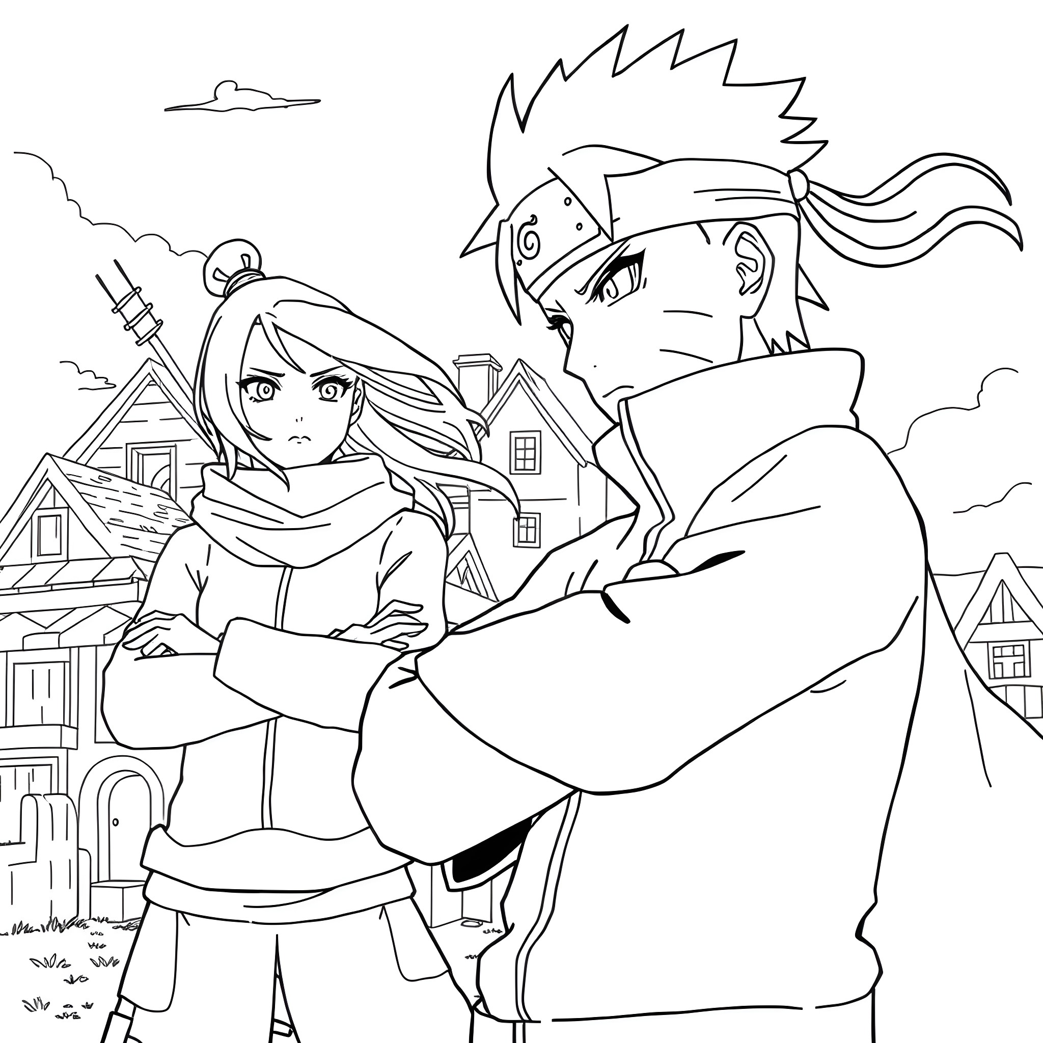 Naruto characters in warm embrace against rural backdrop Coloring Page (free black-and-white line drawing printable PDF for all, from beginners to advanced learners, including children, teens, adults, and seniors)