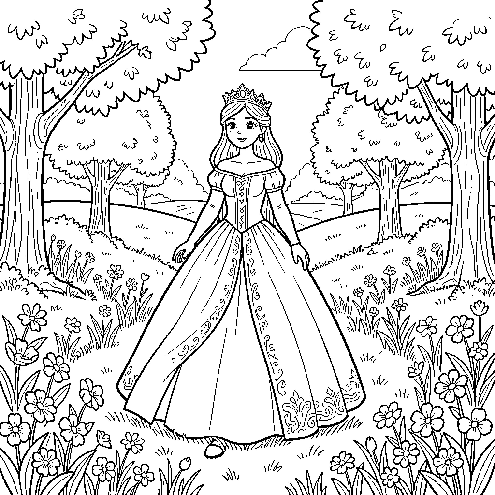Princess standing gracefully in a beautiful flower garden Coloring Page (free black-and-white line drawing printable PDF for all, from beginners to advanced learners, including children, teens, adults, and seniors)