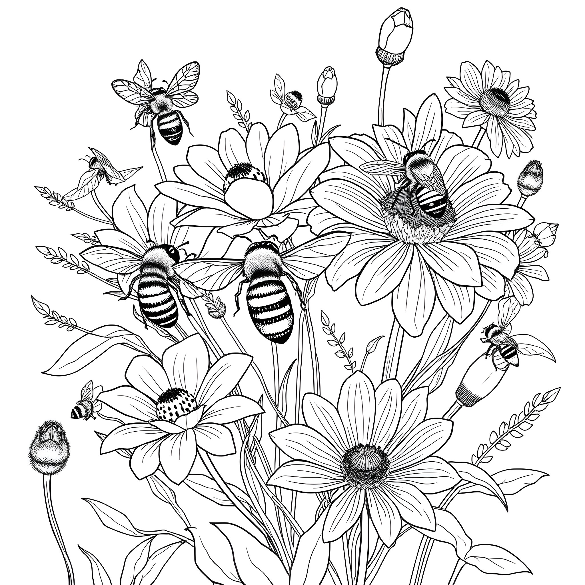 Bee Surrounded by Blooming Flowers in Nature Coloring Page (free black-and-white line drawing printable PDF for all, from beginners to advanced learners, including children, teens, adults, and seniors)