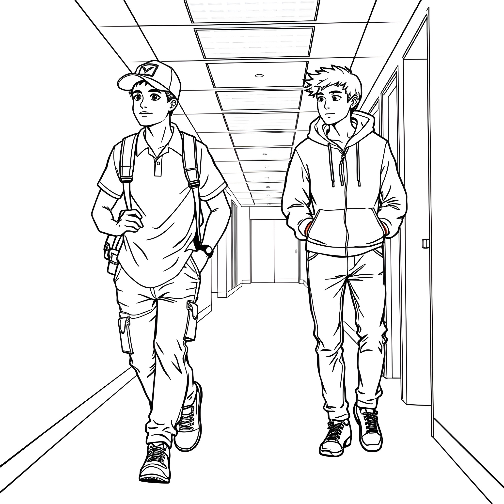Teen students walking in the school hallway Coloring Page (free black-and-white line drawing printable PDF for all, from beginners to advanced learners, including children, teens, adults, and seniors)