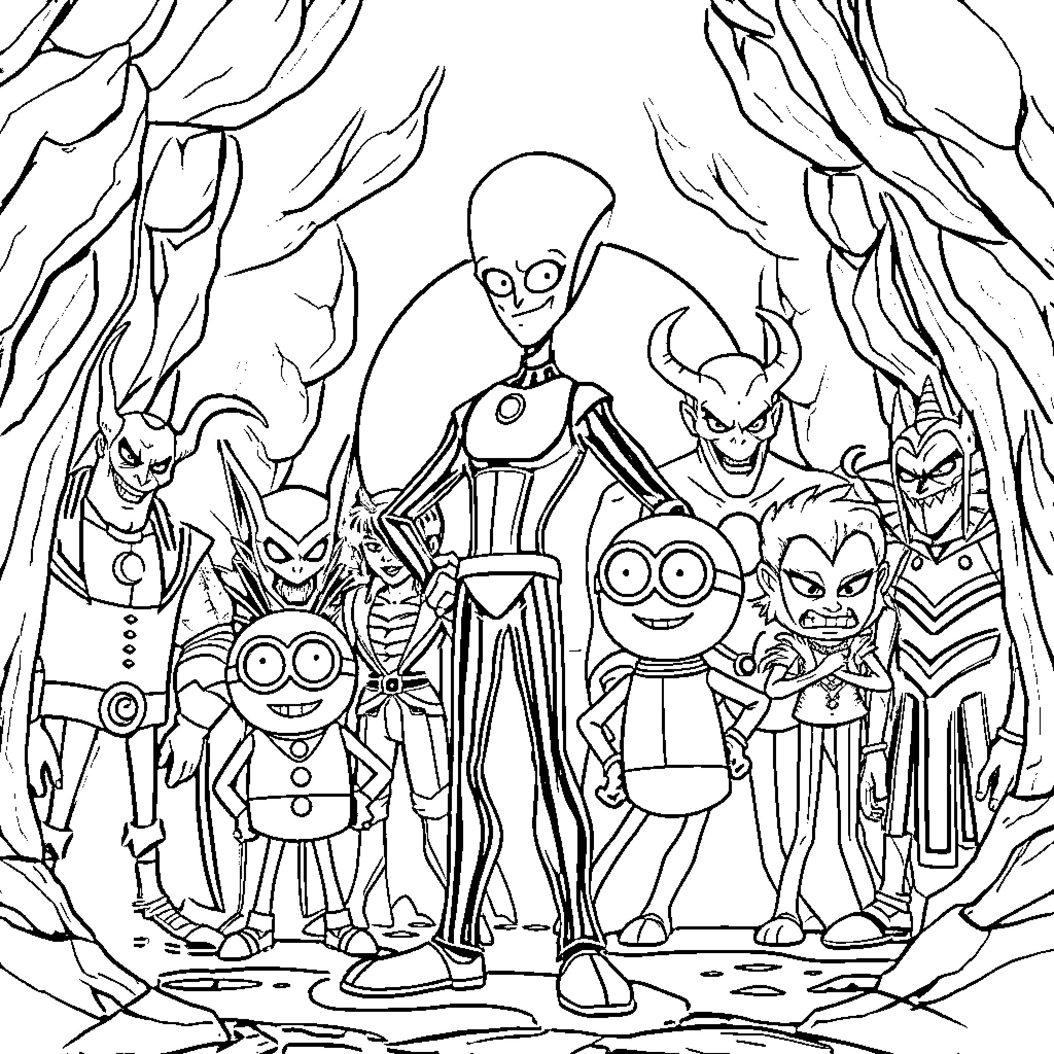 Megamind and his quirky villain companions in an intense scene Coloring Page (free black-and-white line drawing printable PDF for all, from beginners to advanced learners, including children, teens, adults, and seniors)