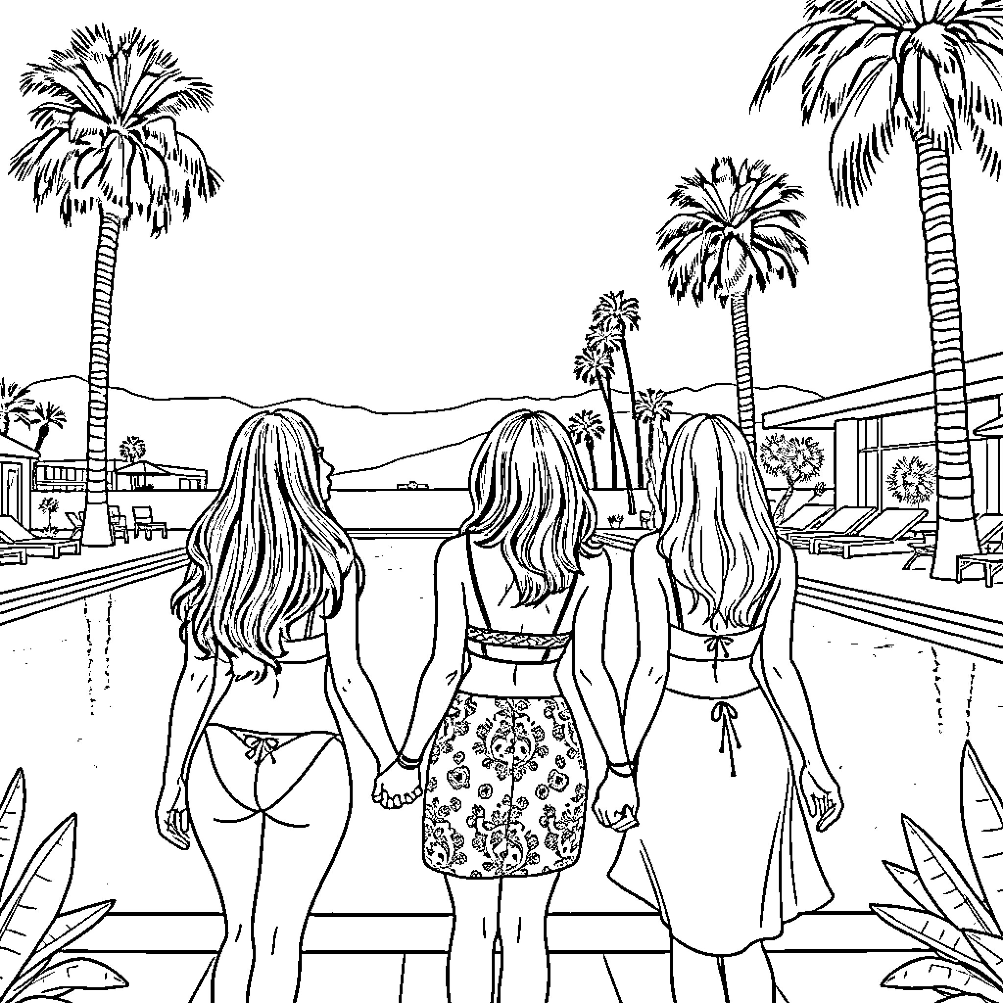 Women enjoying a day by the pool Coloring Page (free black-and-white line drawing printable PDF for all, from beginners to advanced learners, including children, teens, adults, and seniors)