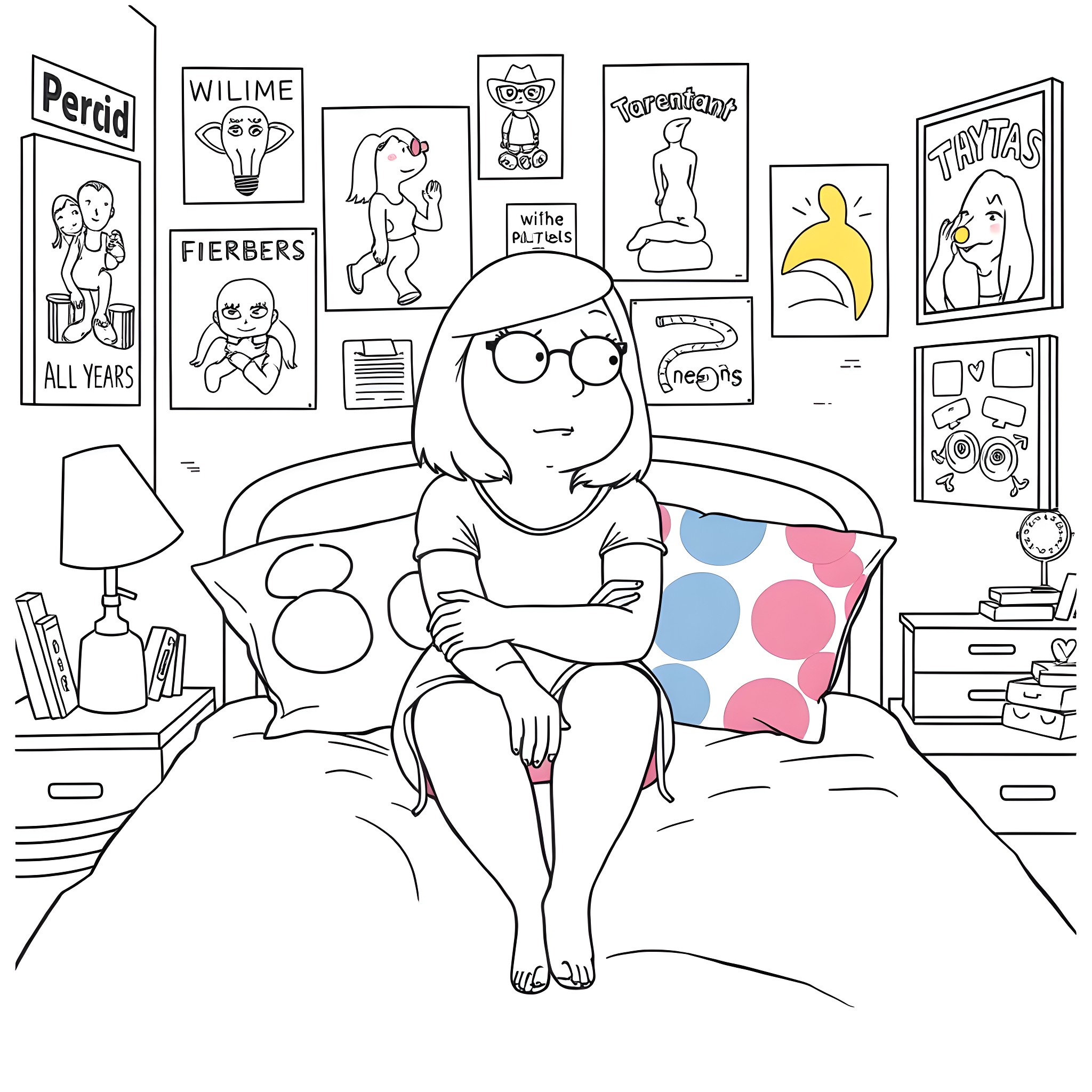 Meg Griffin sitting on bed surrounded by pictures Coloring Page (free black-and-white line drawing printable PDF for all, from beginners to advanced learners, including children, teens, adults, and seniors)