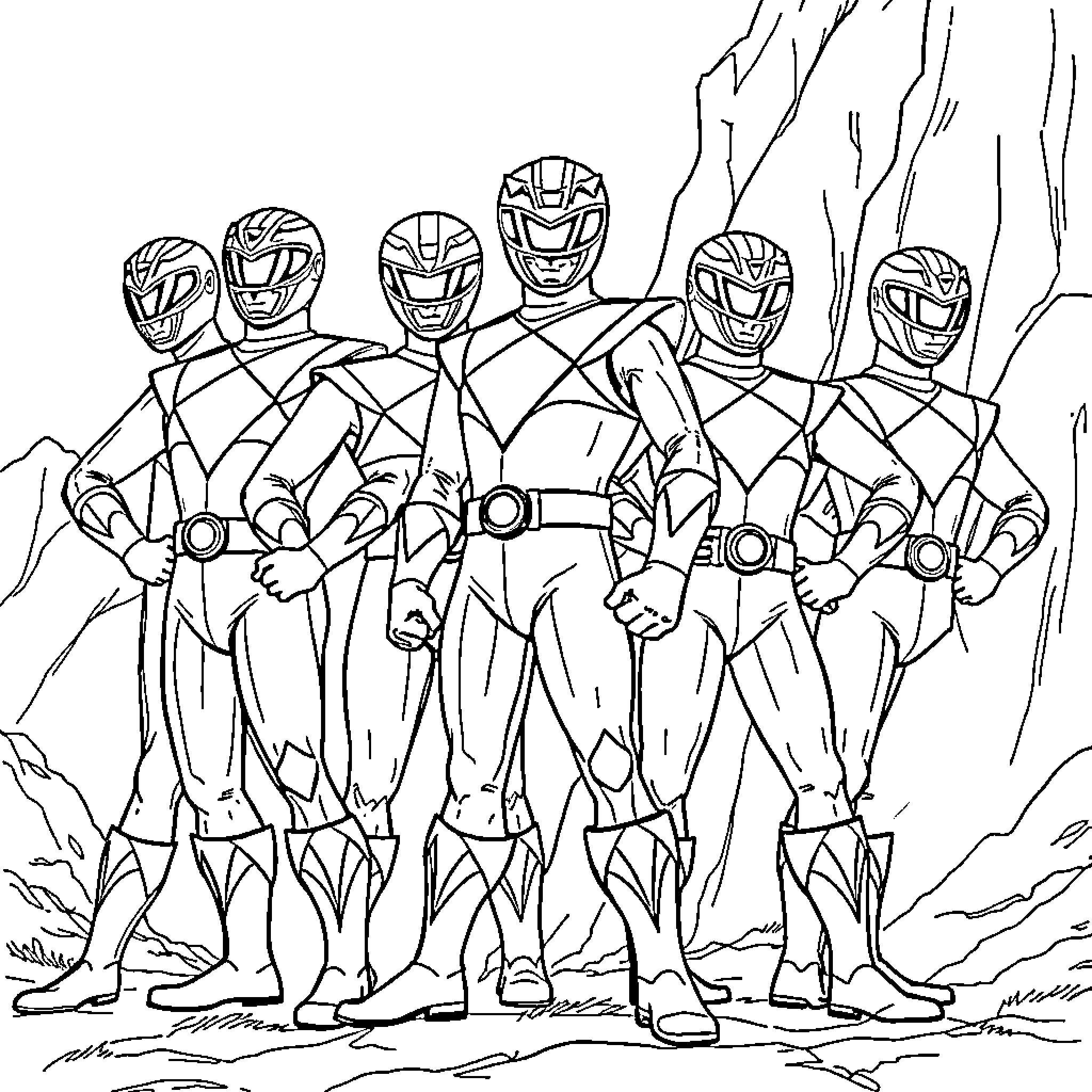 Power Rangers Pose Heroically in Dramatic Scene Coloring Page (free black-and-white line drawing printable PDF for all, from beginners to advanced learners, including children, teens, adults, and seniors)