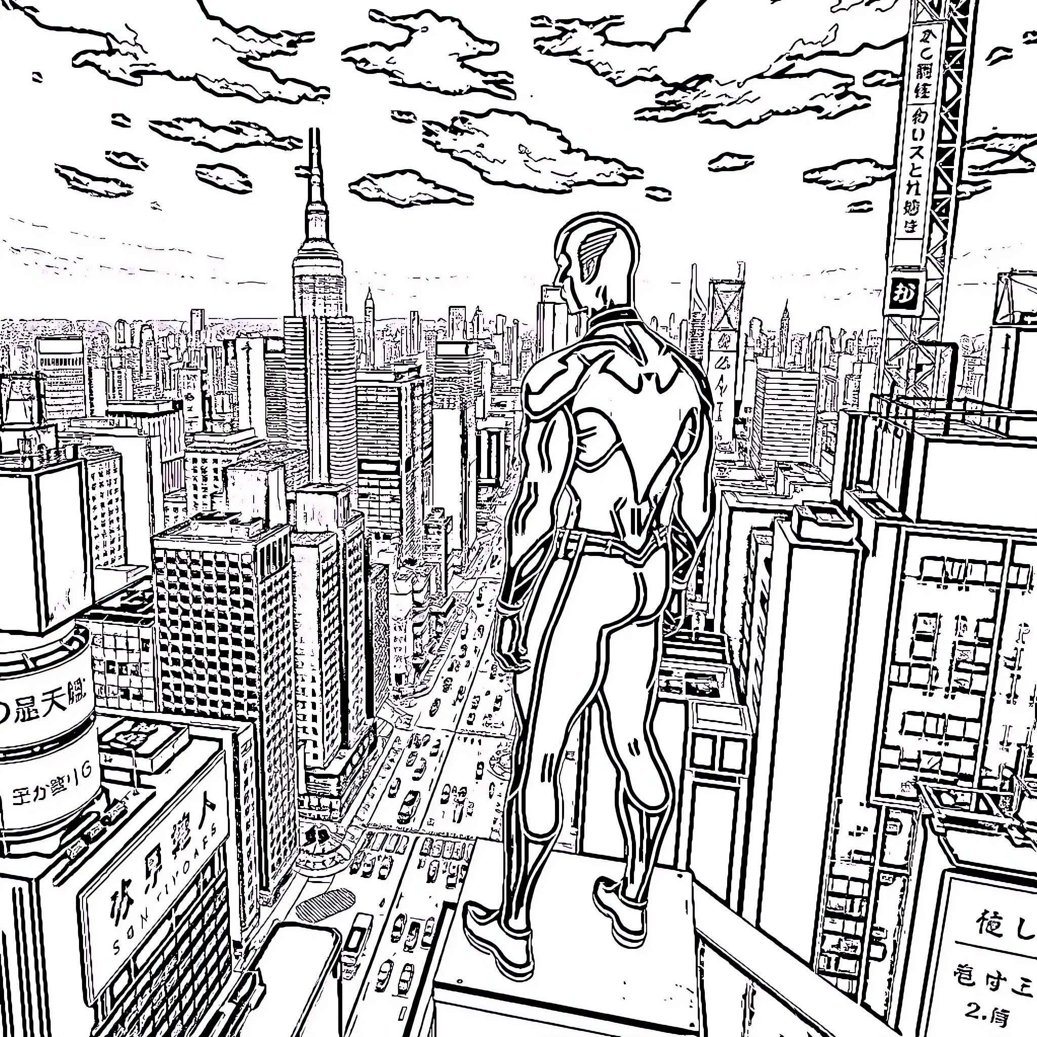 Nightwing overlooking the bustling city skyline Coloring Page (free black-and-white line drawing printable PDF for all, from beginners to advanced learners, including children, teens, adults, and seniors)