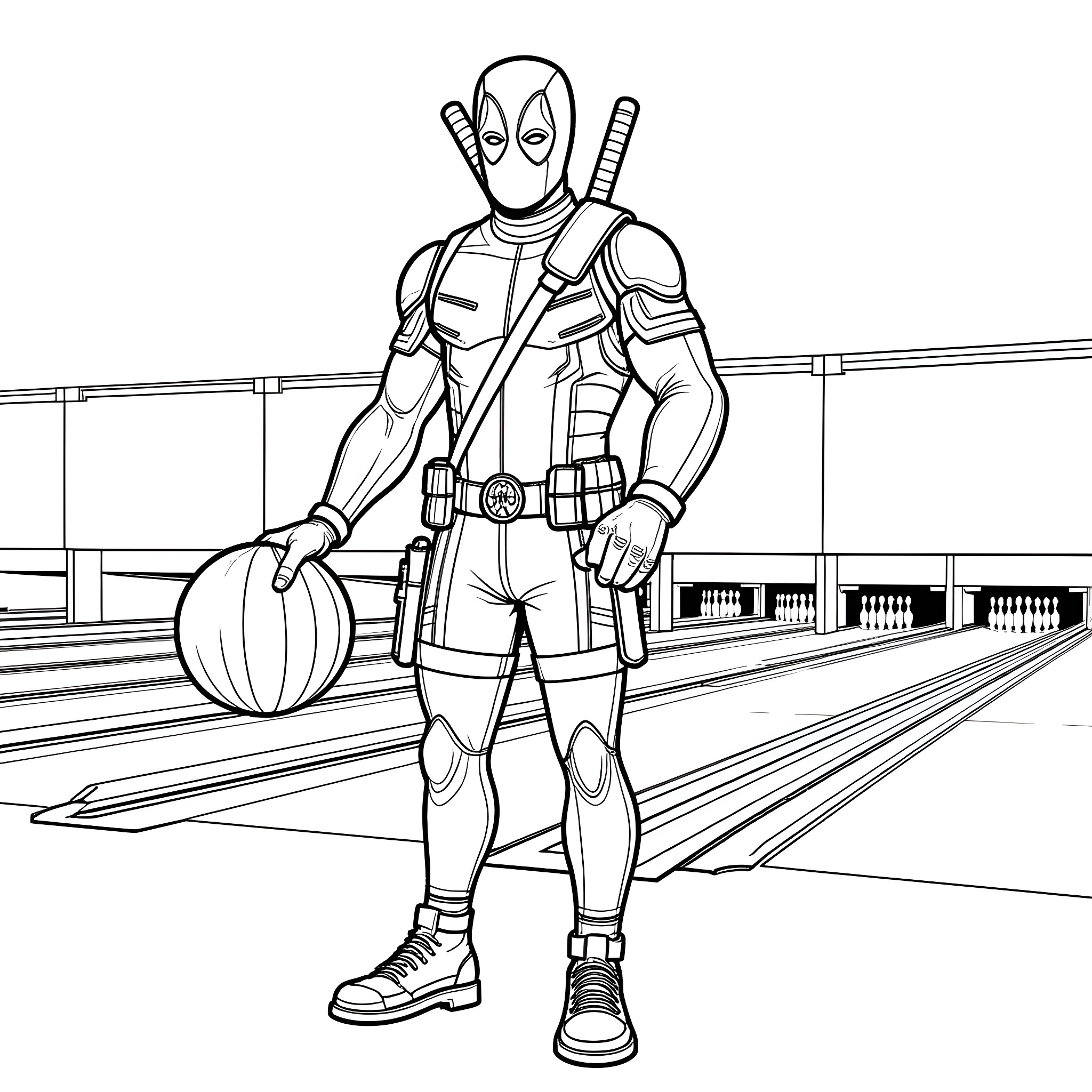 Deadpool in an action-packed scene Coloring Page (free black-and-white line drawing printable PDF for all, from beginners to advanced learners, including children, teens, adults, and seniors)
