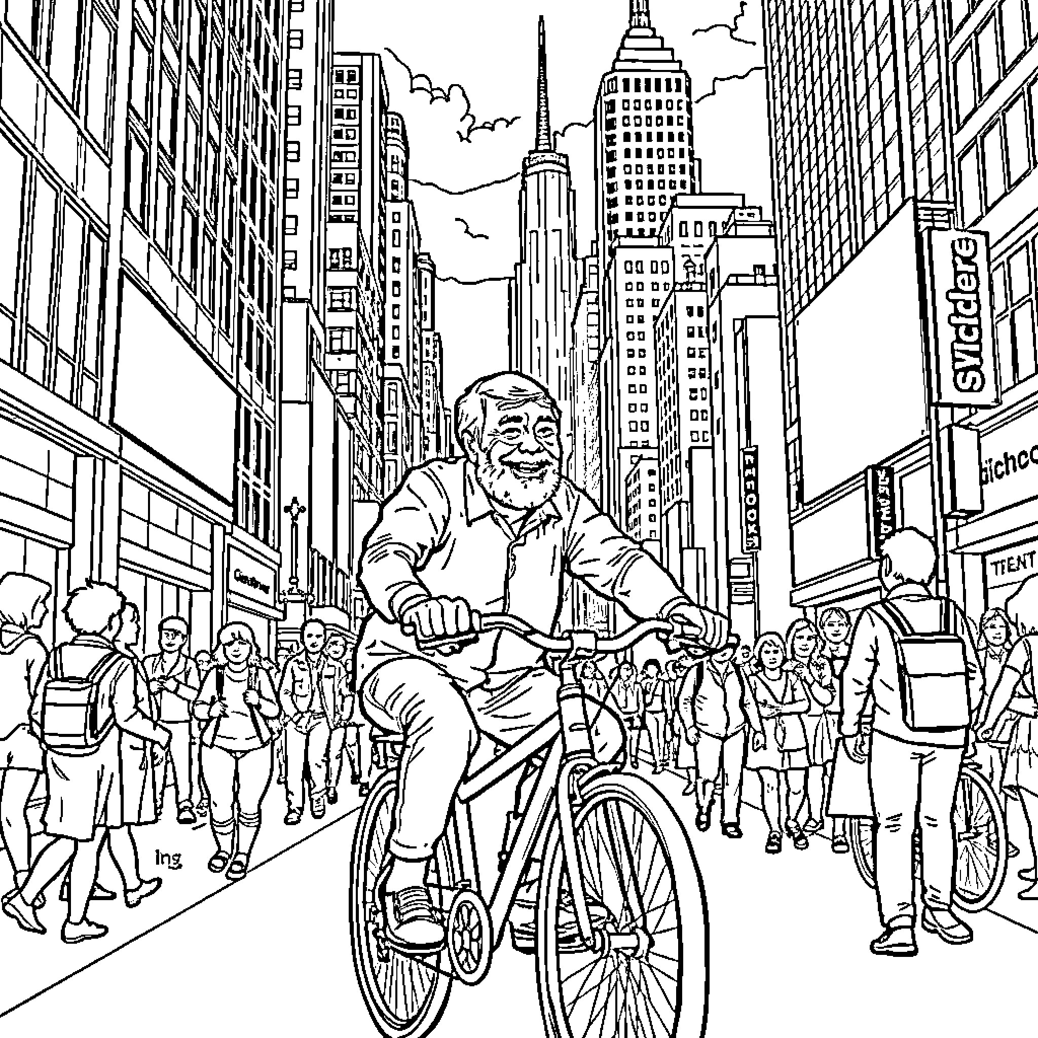 Grandpa's Cycling Adventure in the City Coloring Page (free black-and-white line drawing printable PDF for all, from beginners to advanced learners, including children, teens, adults, and seniors)
