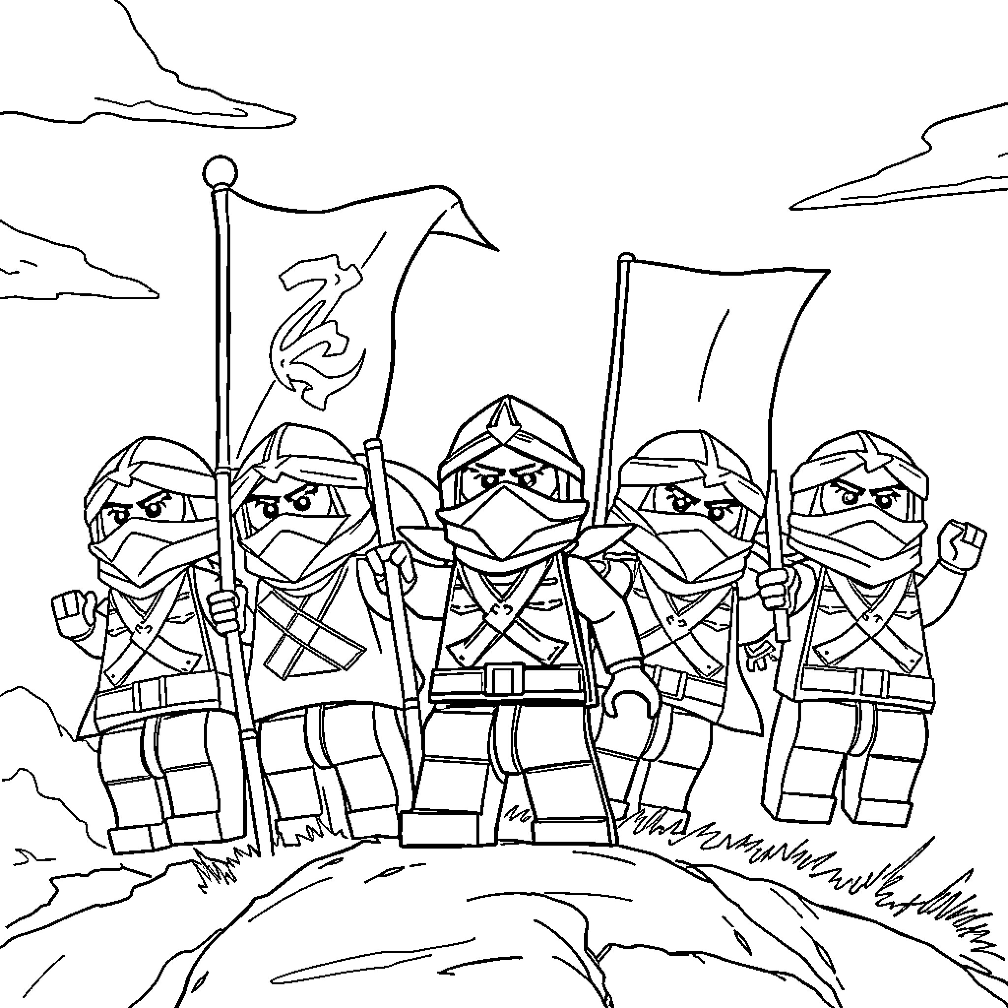 Ninjago warriors standing united with flags and weapons Coloring Page (free black-and-white line drawing printable PDF for all, from beginners to advanced learners, including children, teens, adults, and seniors)