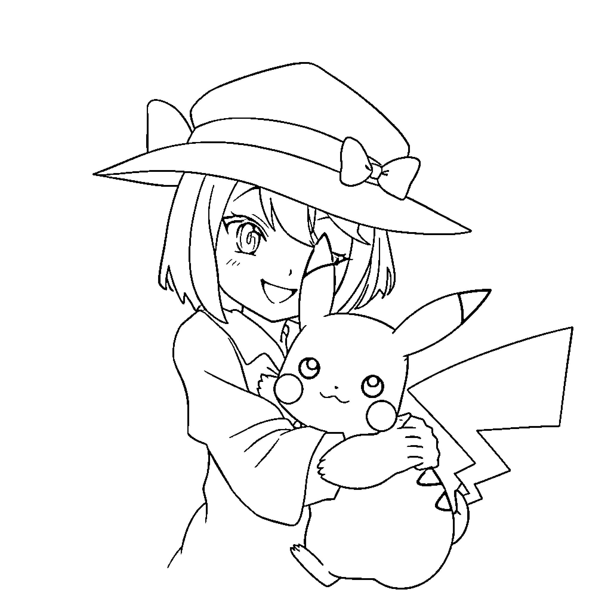 Kuromi joyfully embracing Pikachu Coloring Page (free black-and-white line drawing printable PDF for all, from beginners to advanced learners, including children, teens, adults, and seniors)