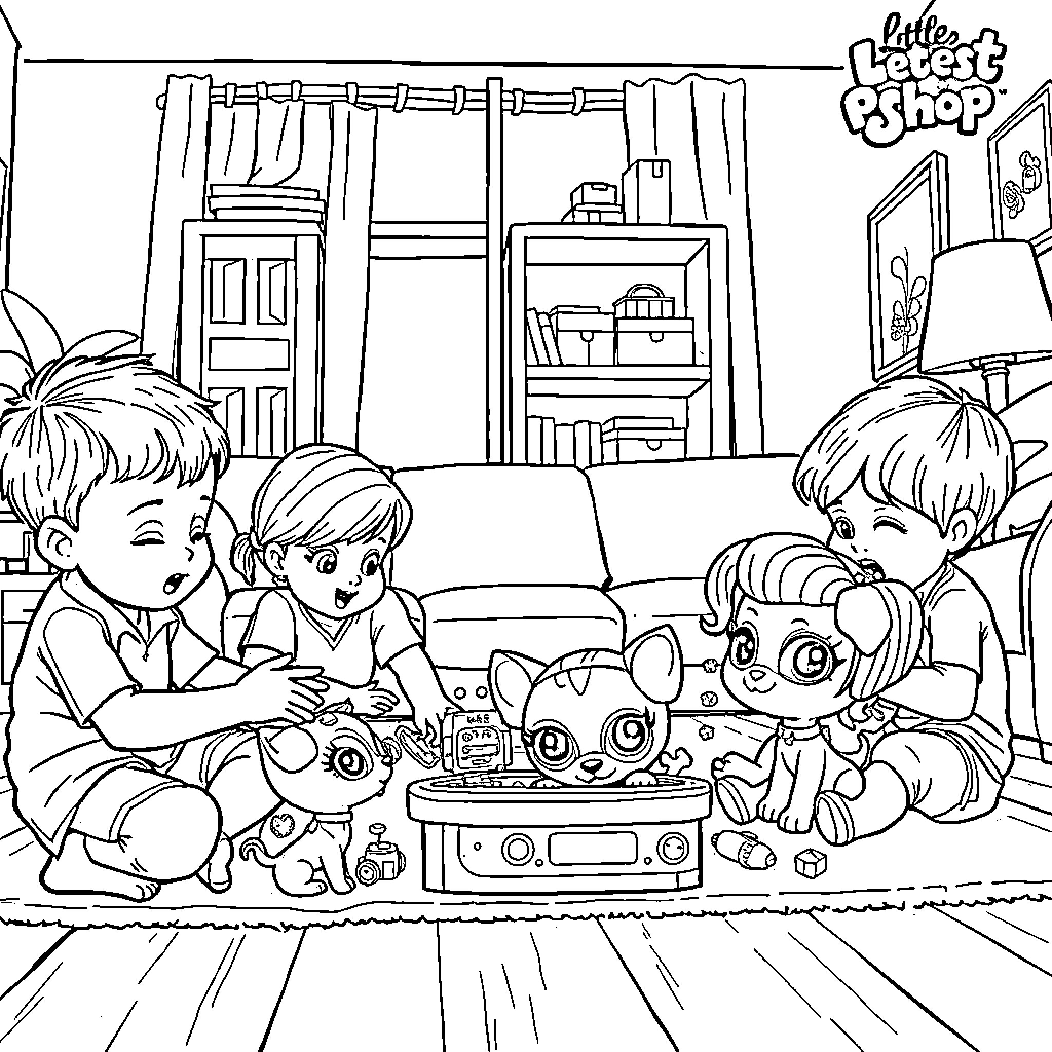 Pet Shop: Children Playing with Plush Toys in a Cozy Room Coloring Page (free black-and-white line drawing printable PDF for all, from beginners to advanced learners, including children, teens, adults, and seniors)
