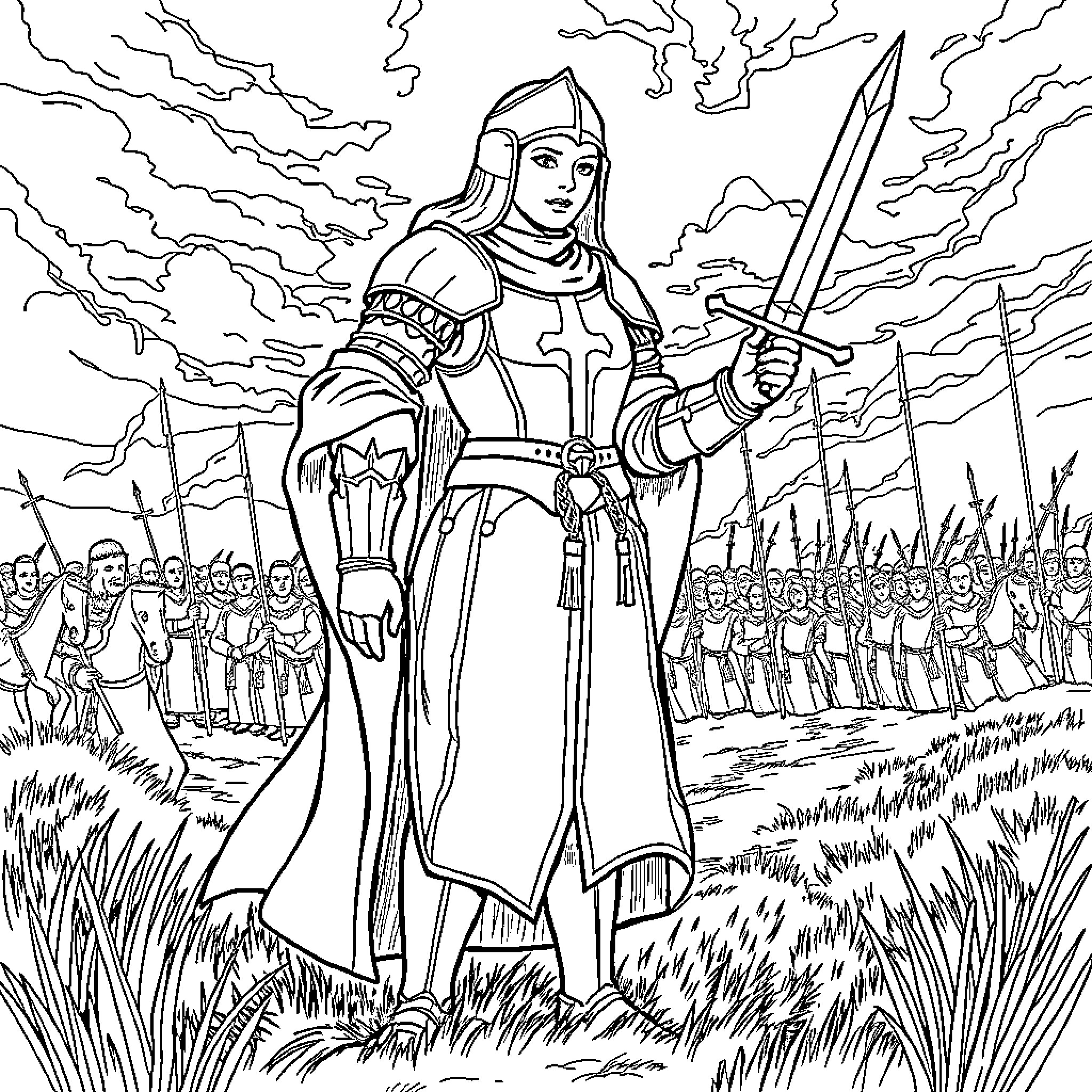 Joan Of Arc Leading her Army into Battle Coloring Page (free black-and-white line drawing printable PDF for all, from beginners to advanced learners, including children, teens, adults, and seniors)