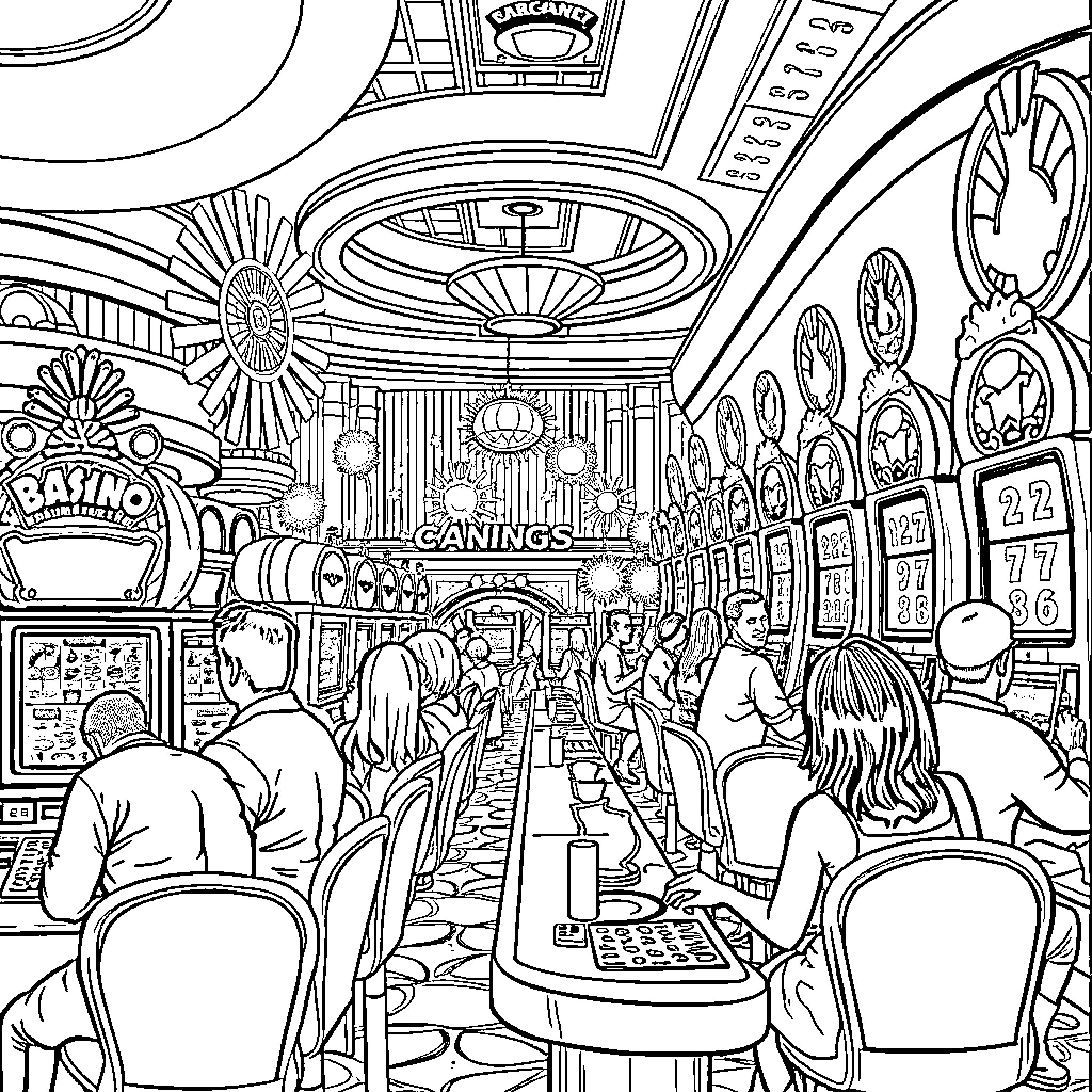 Casino Patrons Engaged in Gambling Activities Coloring Page (free black-and-white line drawing printable PDF for all, from beginners to advanced learners, including children, teens, adults, and seniors)