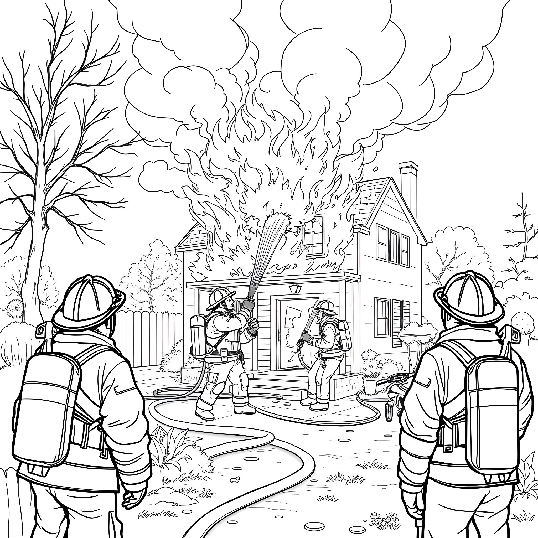 Firefighters battling a house fire Coloring Page (free black-and-white line drawing printable PDF for all, from beginners to advanced learners, including children, teens, adults, and seniors)