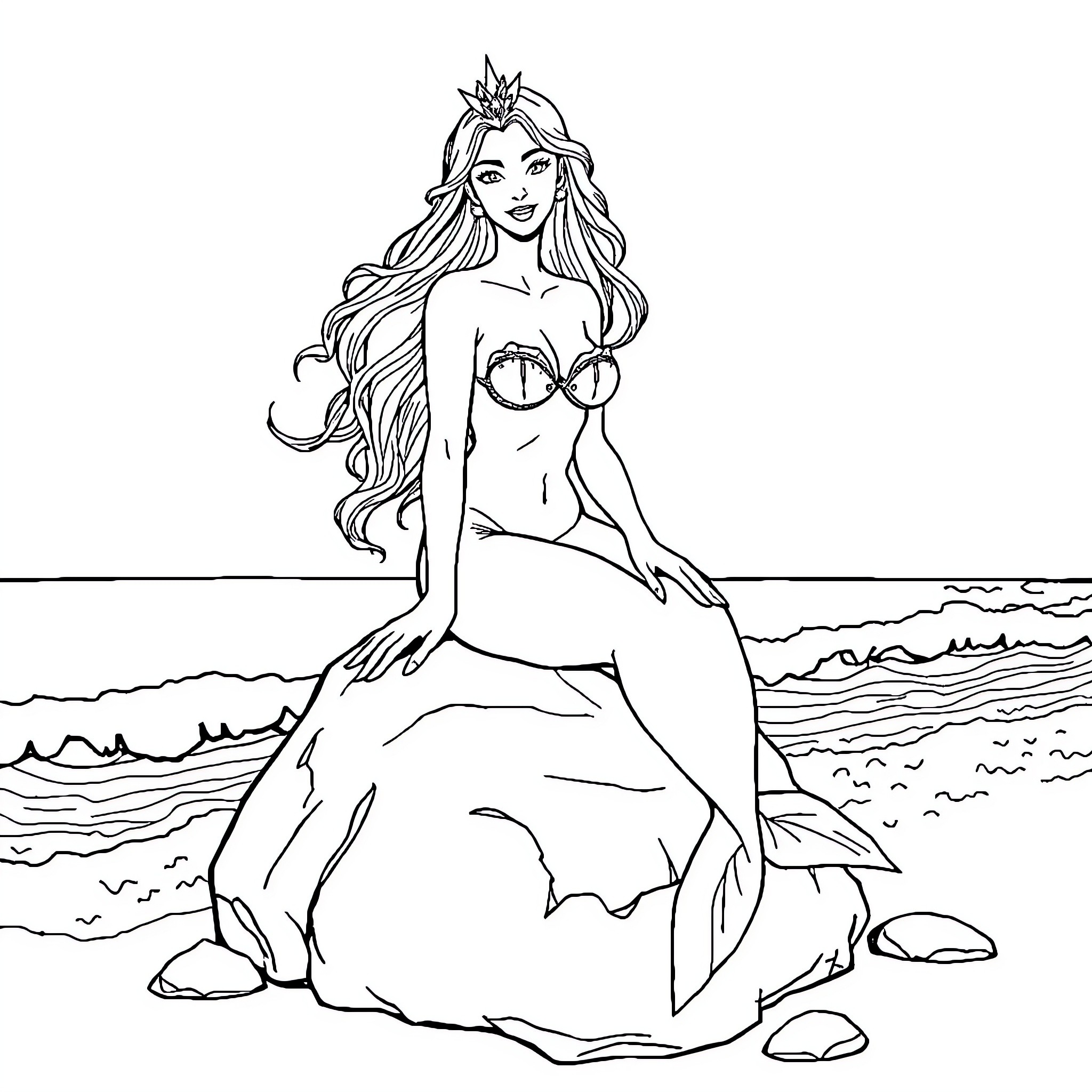 Siren sitting on the beach in elegant attire Coloring Page (free black-and-white line drawing printable PDF for all, from beginners to advanced learners, including children, teens, adults, and seniors)
