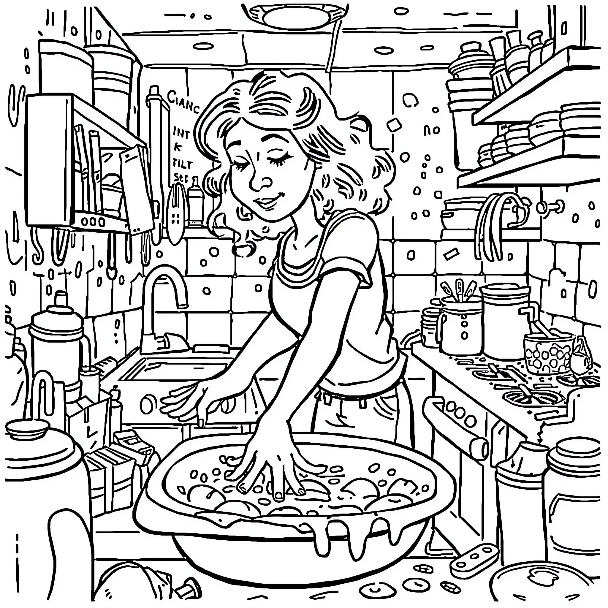 Person Washing Dishes in Cluttered Kitchen Coloring Page (free black-and-white line drawing printable PDF for all, from beginners to advanced learners, including children, teens, adults, and seniors)