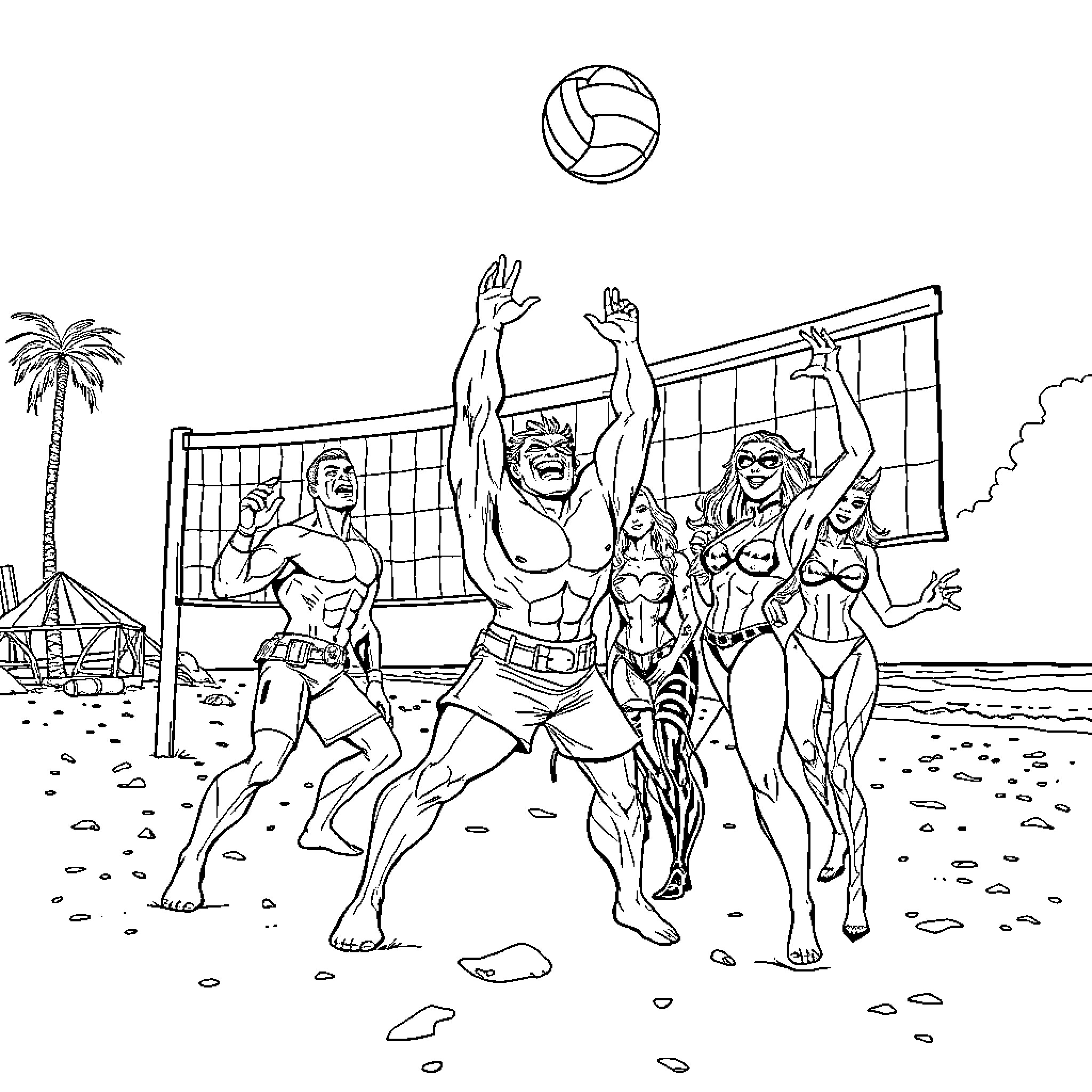 Villain group plays beach volleyball on sunny day Coloring Page (free black-and-white line drawing printable PDF for all, from beginners to advanced learners, including children, teens, adults, and seniors)