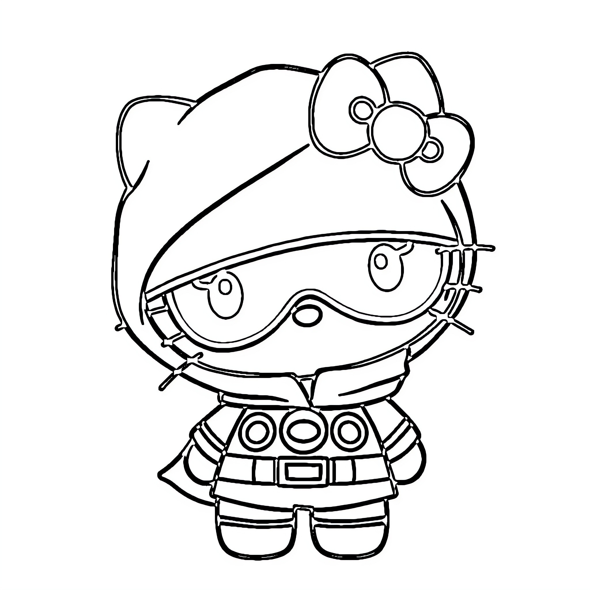 Hello Kitty in Protective Gear Coloring Page (free black-and-white line drawing printable PDF for all, from beginners to advanced learners, including children, teens, adults, and seniors)