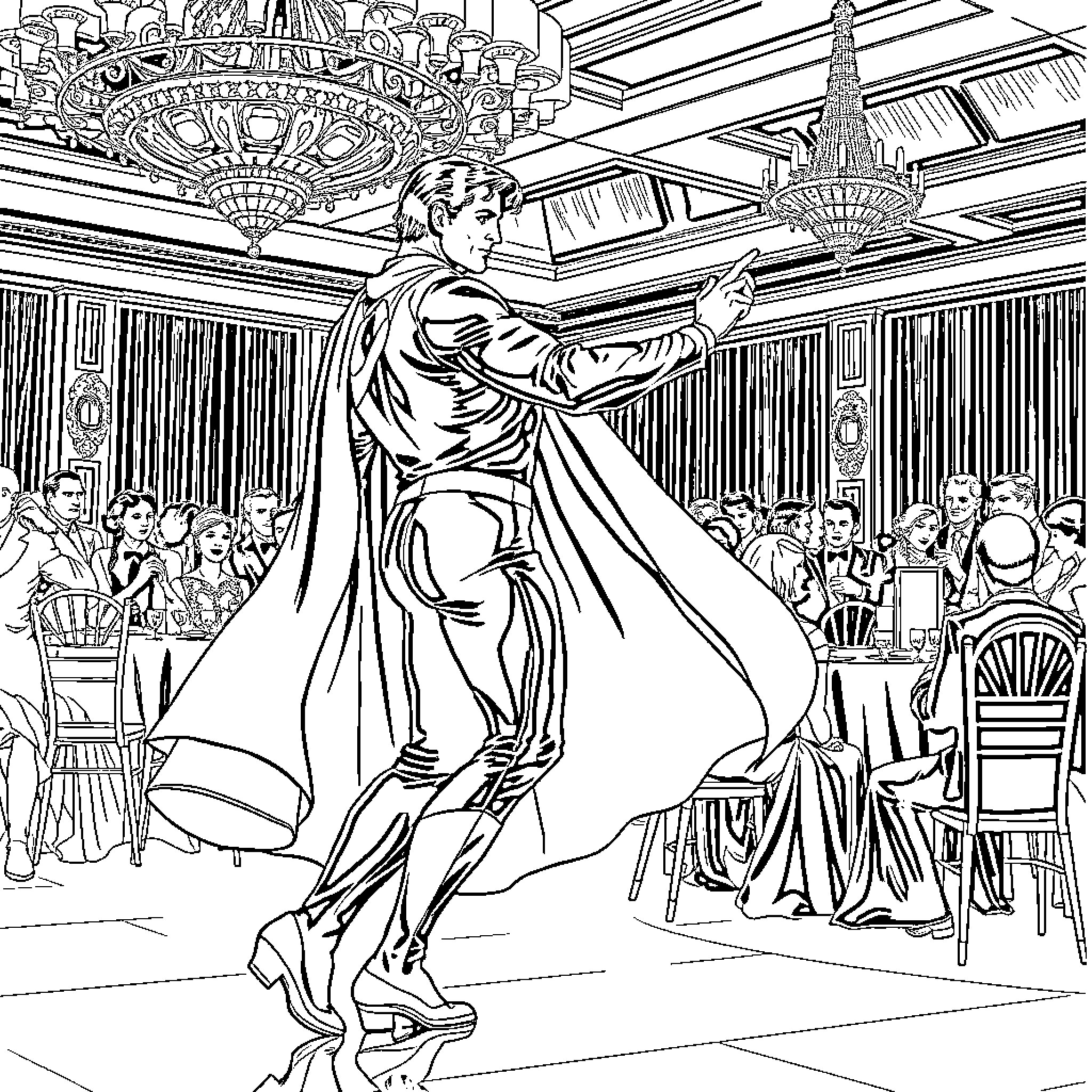 Superman dancing gracefully at a formal event Coloring Page (free black-and-white line drawing printable PDF for all, from beginners to advanced learners, including children, teens, adults, and seniors)