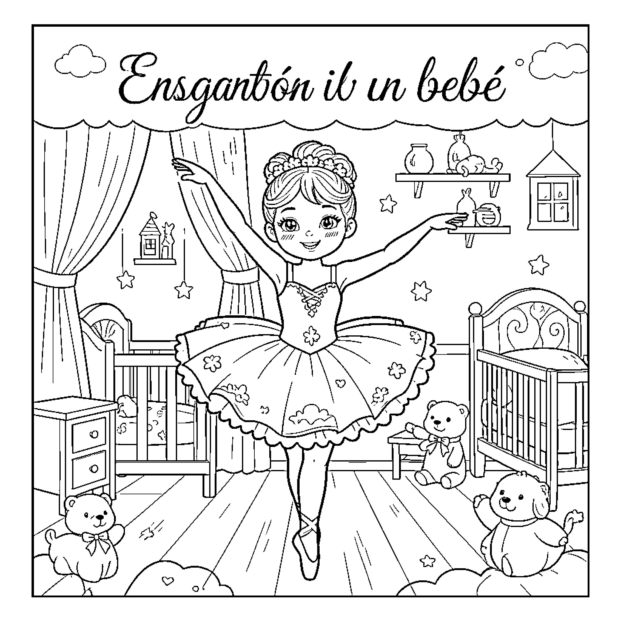 Ballerina dancing gracefully in a cozy nursery Coloring Page (free black-and-white line drawing printable PDF for all, from beginners to advanced learners, including children, teens, adults, and seniors)
