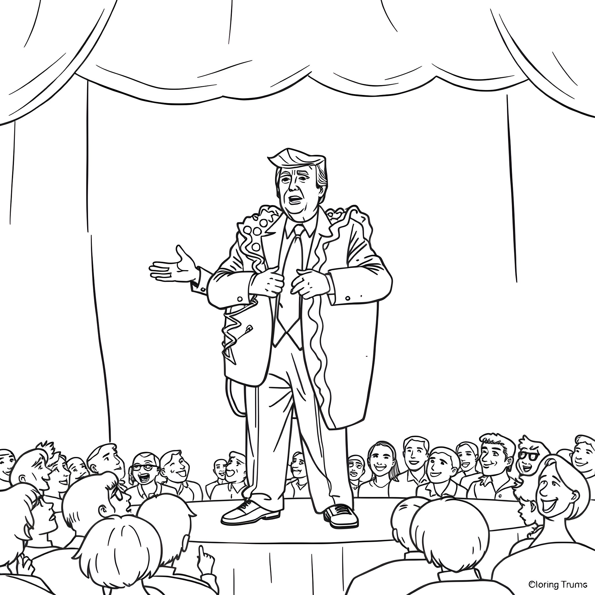 Donald Trump gesticulating on a stage before a crowd Coloring Page (free black-and-white line drawing printable PDF for all, from beginners to advanced learners, including children, teens, adults, and seniors)