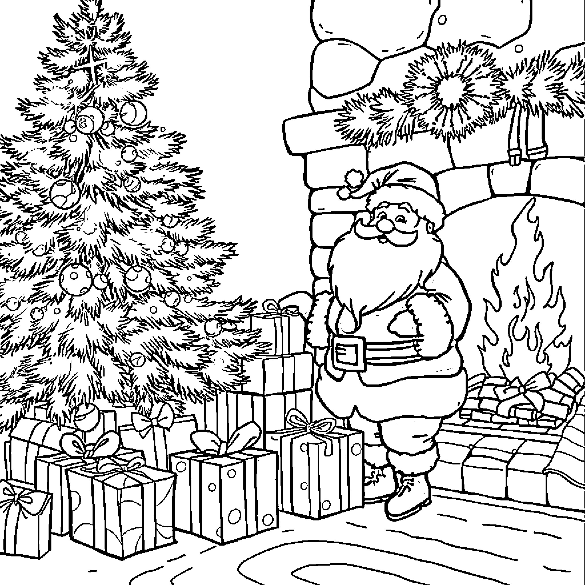 Santa decorating Christmas tree surrounded by presents Coloring Page (free black-and-white line drawing printable PDF for all, from beginners to advanced learners, including children, teens, adults, and seniors)