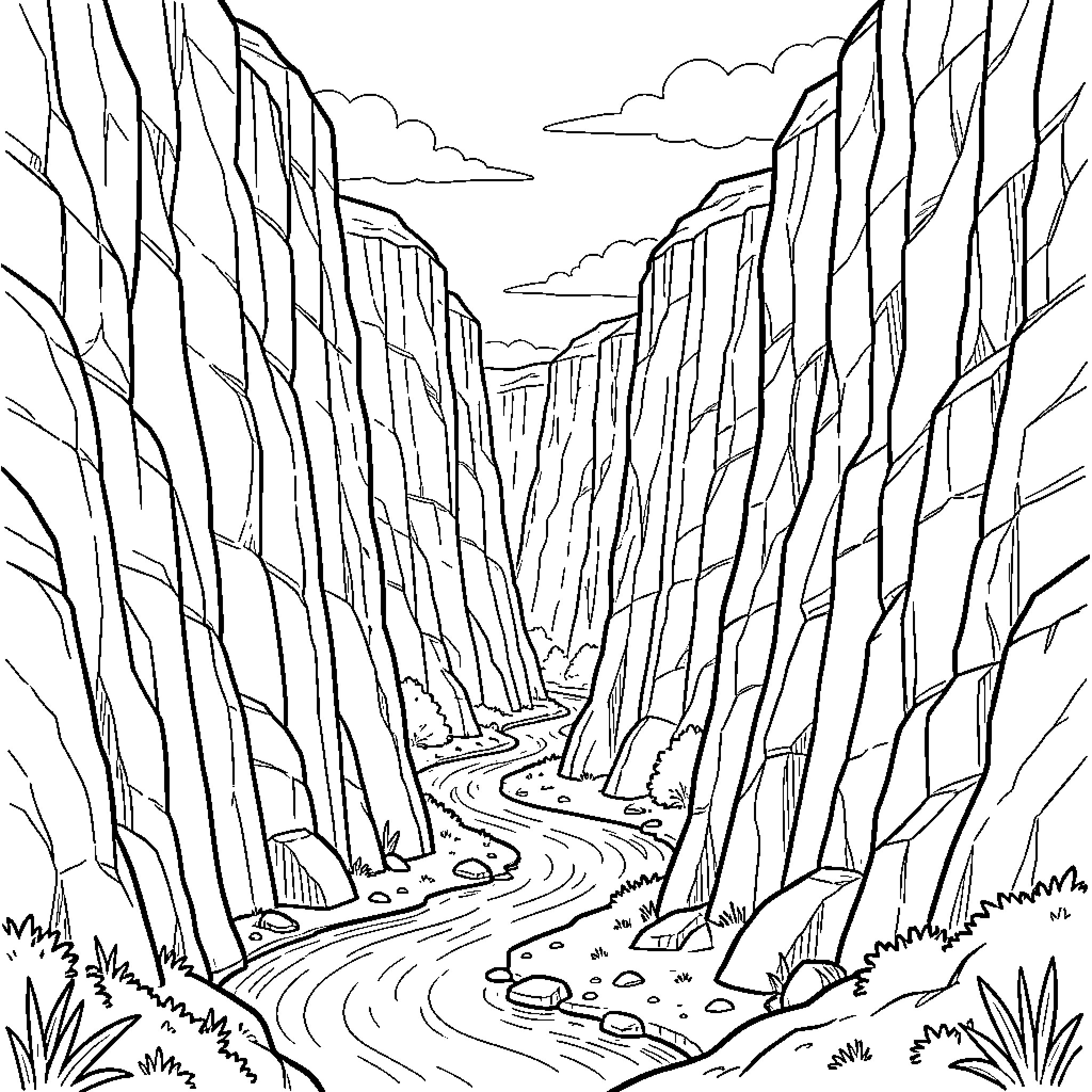 Mazorcañon - Winding road through towering rock formations Coloring Page (free black-and-white line drawing printable PDF for all, from beginners to advanced learners, including children, teens, adults, and seniors)