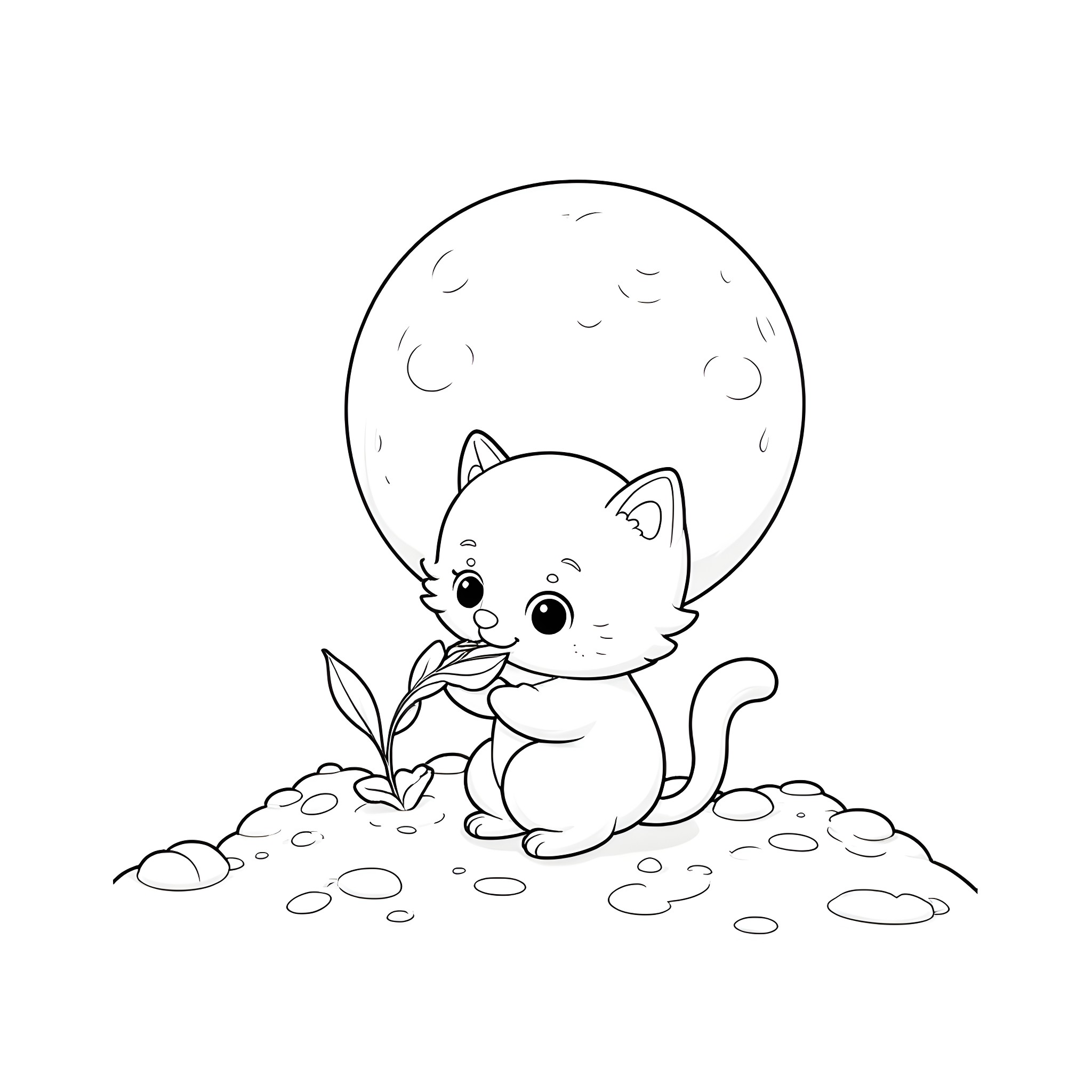 Cat sitting under the moon Coloring Page (free black-and-white line drawing printable PDF for all, from beginners to advanced learners, including children, teens, adults, and seniors)