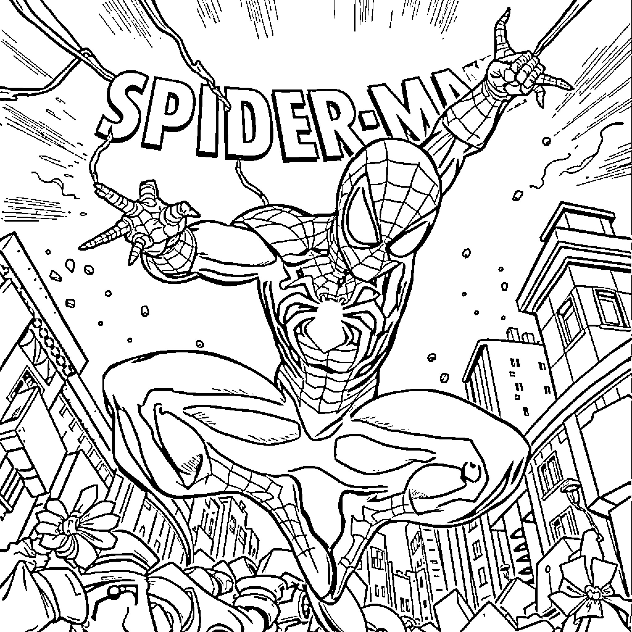 Spider-Man swinging through the city in action Coloring Page (free black-and-white line drawing printable PDF for all, from beginners to advanced learners, including children, teens, adults, and seniors)