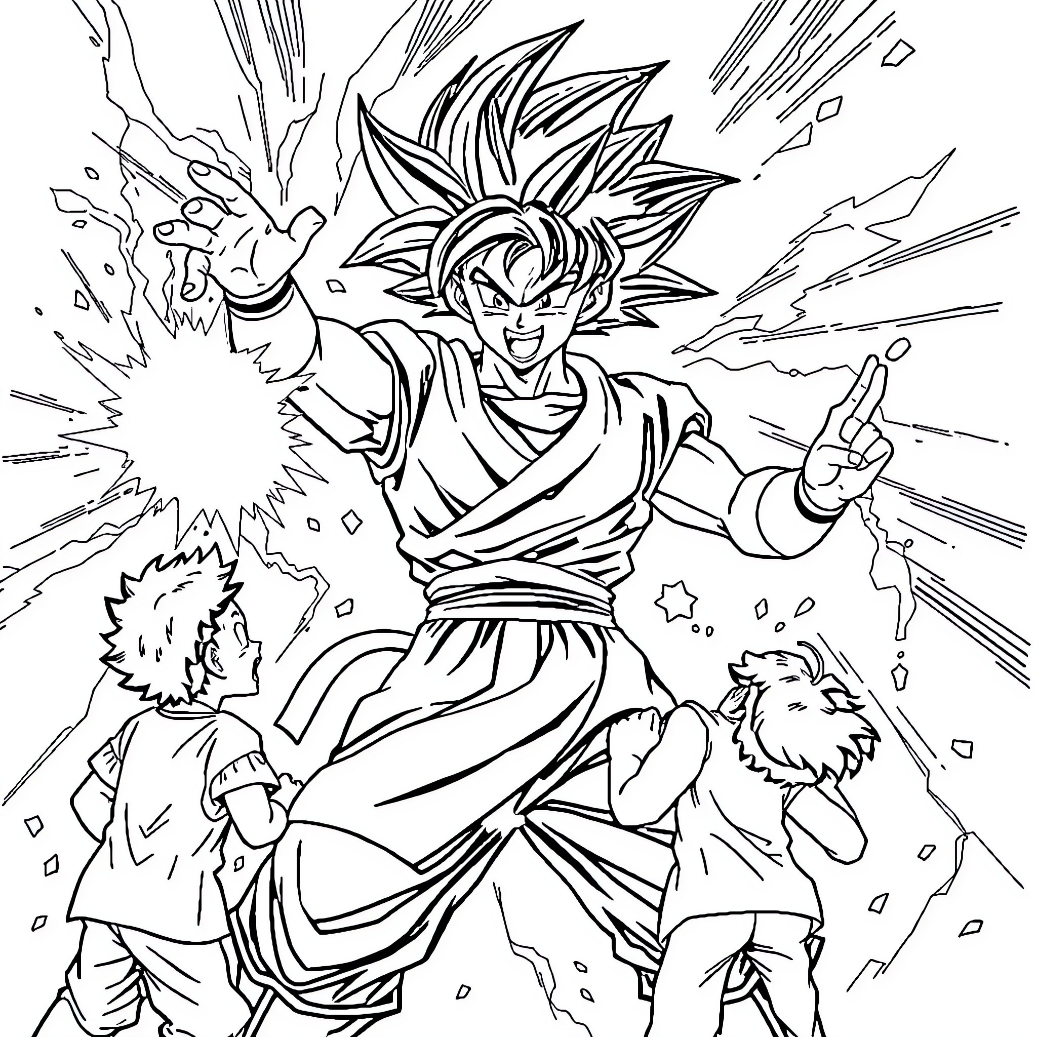 Teacher leading students in dynamic martial arts poses Coloring Page (free black-and-white line drawing printable PDF for all, from beginners to advanced learners, including children, teens, adults, and seniors)